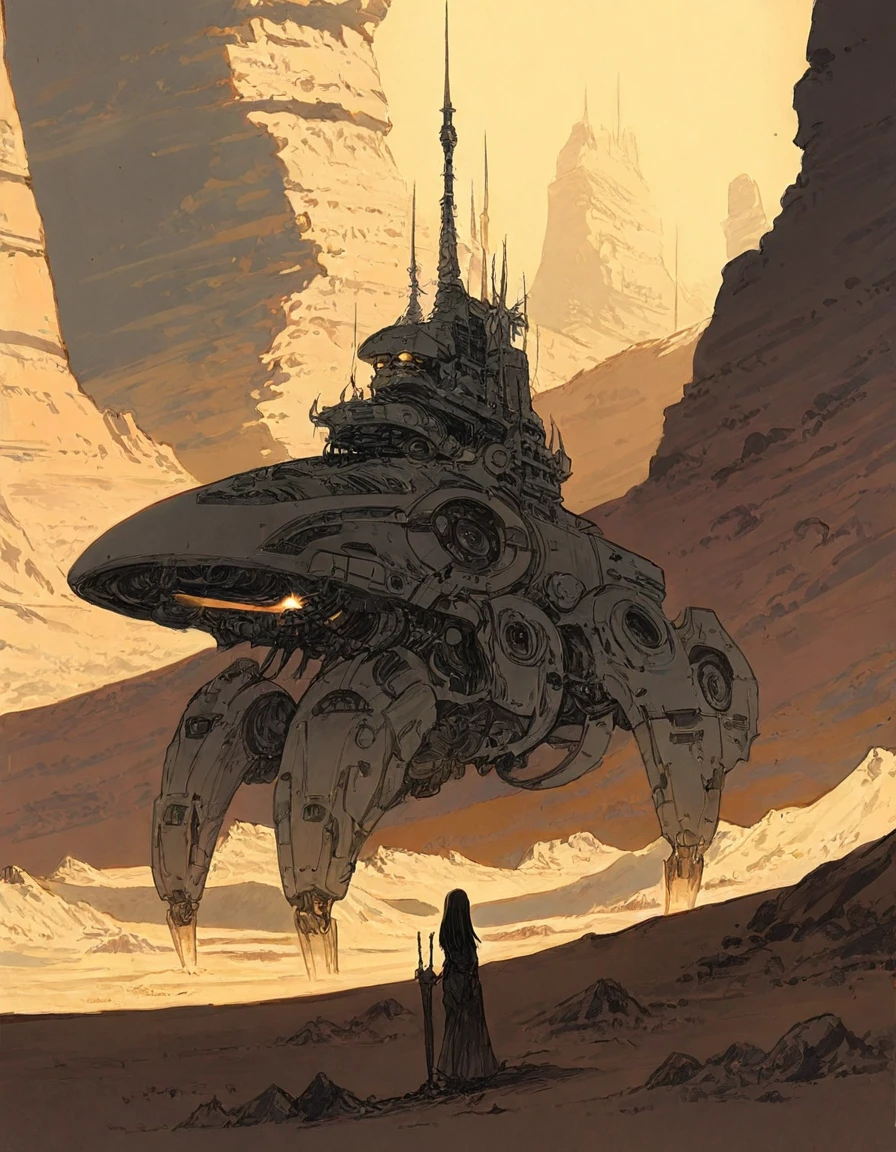 1girl, solo, A barbarian priestess holding a mechanical weapon, machinery, desert, best quality, masterpiece, ornate, intricate, detailed, dramatic lighting, 2D, spaceships <lora:Retrocom1-Illustrious:1>