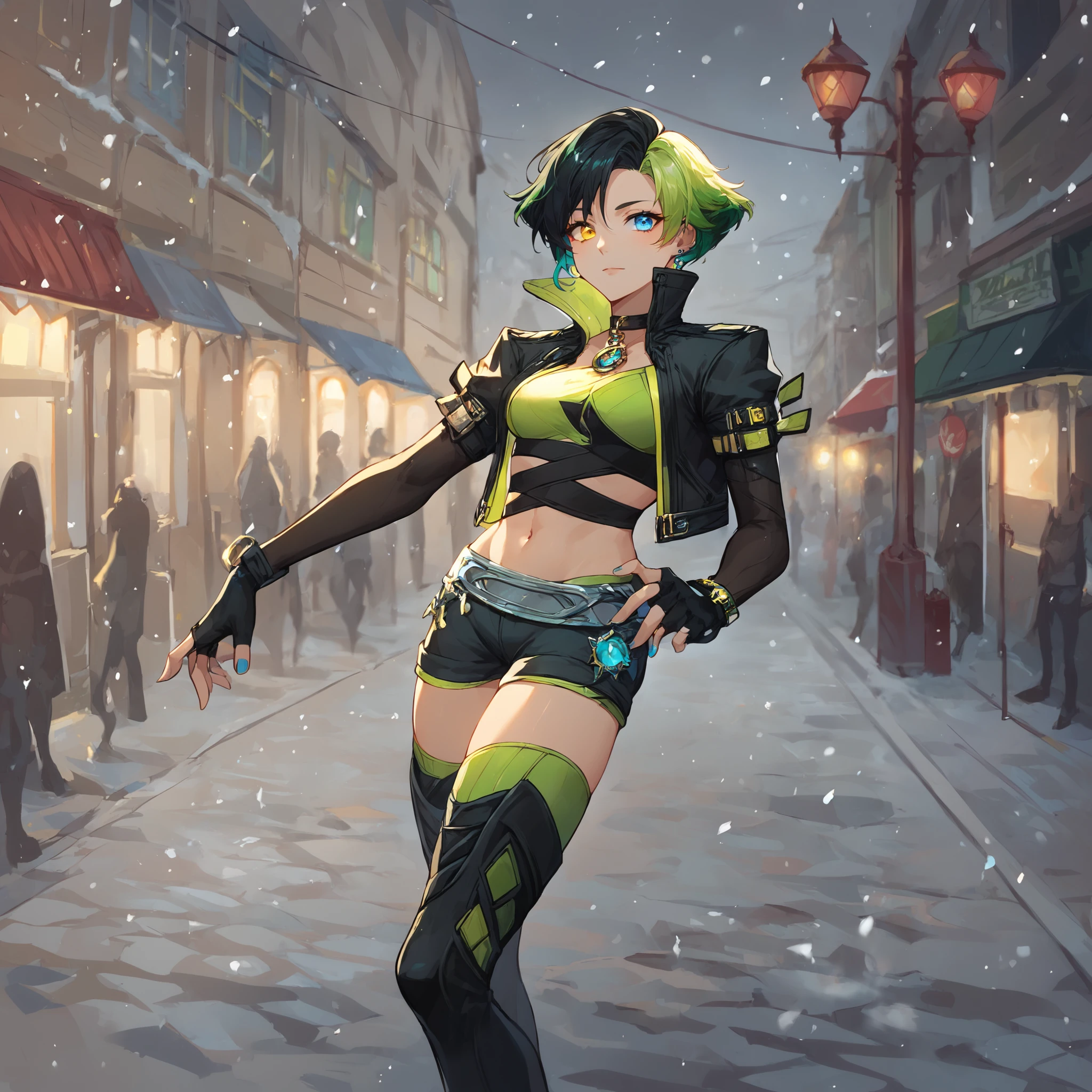 score_9, score_8_up, score_7_up,,hyper-detailed anime illustration of outdoor, street, winter, snowing, , anime art style, every element meticulously crafted, complex backgrounds with rich textures and depth, vibrant and harmonious color palette, dynamic lighting and shadows, capturing fine details in every scene, magical or surreal atmosphere, lifelike gestures and movements, elaborate compositions with multiple layers of detail, blending realism and anime aesthetics, fully immersive and visually captivating storytelling, closeup portrait photography, beautiful eyes, capturing emotion, personality, flattering lighting, professional, engaging, compelling composition,,heterochromia, lun4mb, 1girl, solo, short hair, jacket, shorts, gloves, green hair, thighhighs, multicolored hair, black hair, yellow eye, blue eye, midriff, fingerless gloves, cropped jacket, boots, navel, thigh boots, black footwear,