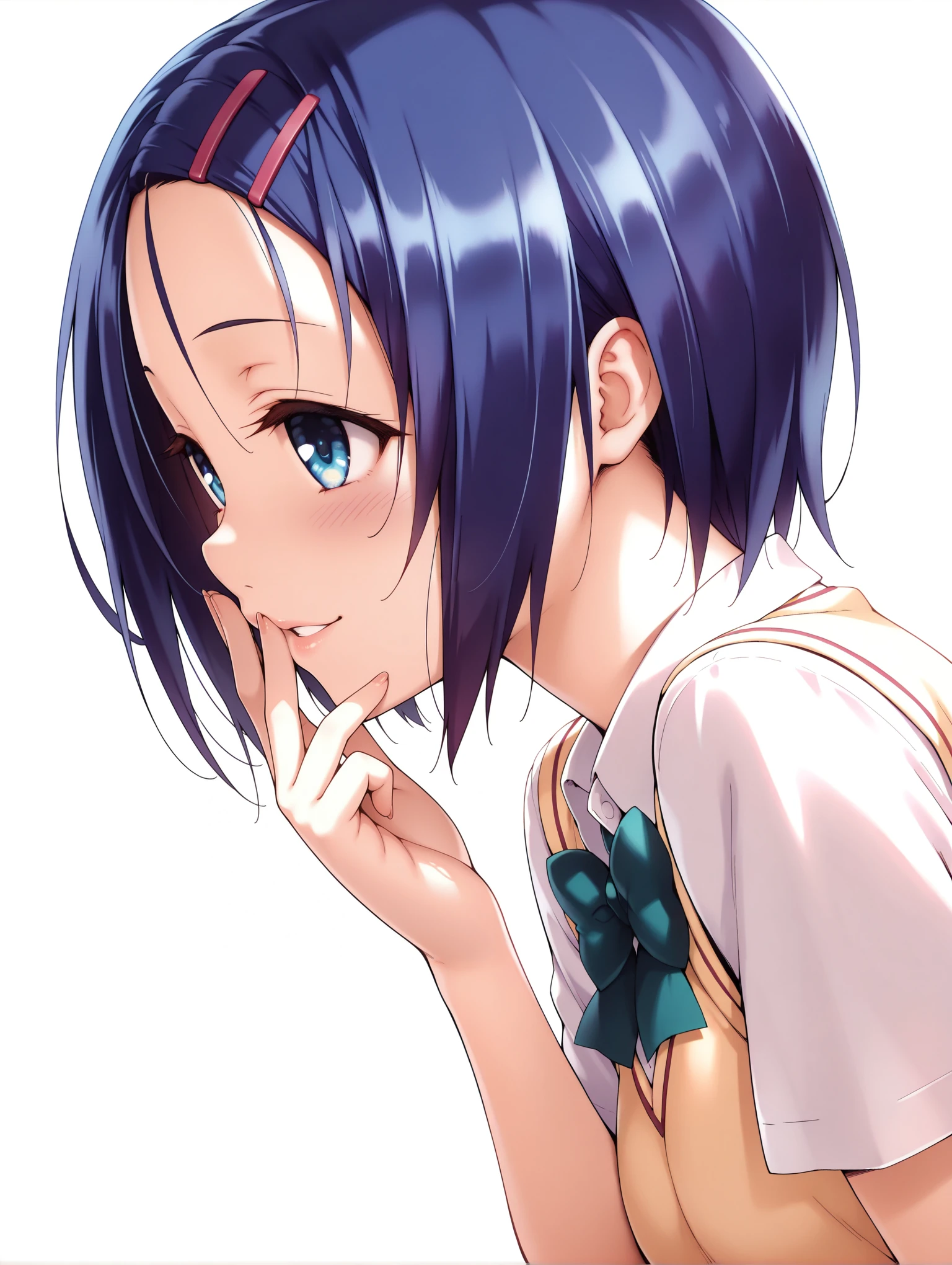 masterpiece,best quality,amazing quality,solo,1girl,
<lora:s_haruna_ilxl_v1:1>,h_clip,blue hair,blue eyes,h_clothes,short sleeve blouse,school uniform,sweater vest,
<lora:Fixhands_anime_bdsqlsz_V1:1>,dynamic_angle,cinematic_angle,seductive_smile,white background,simple_background,light_blush,profile,hand to own mouth,parted lips,