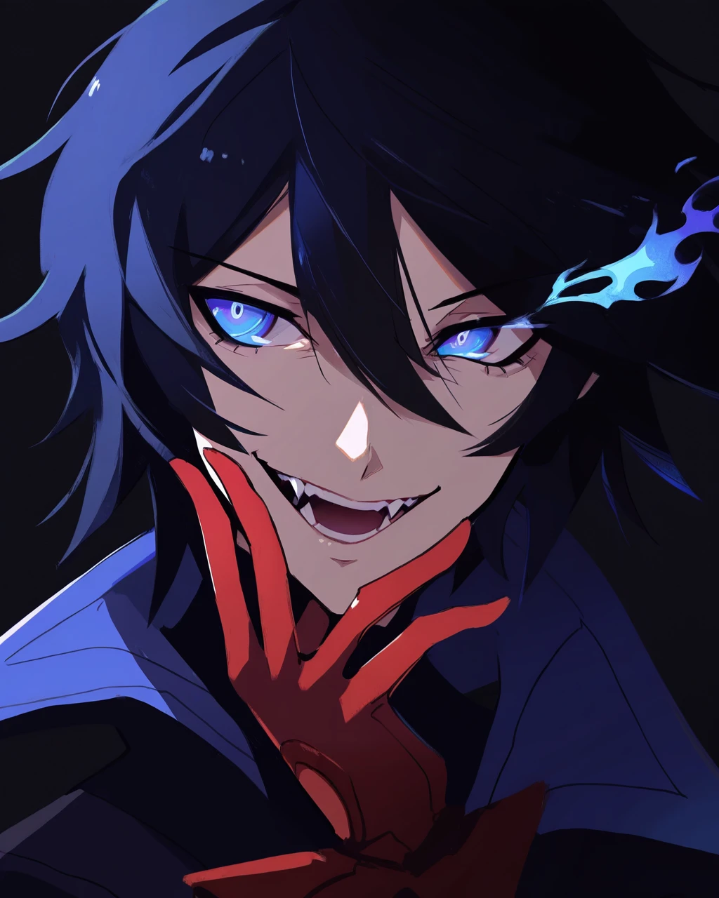 absurdres, high quality, masterpiece, very awa, Nemstyle, solo, looking at viewer, smile, open mouth, bangs, blue eyes, simple background, black hair, gloves, 1boy, hair between eyes, blue hair, upper body, male focus, teeth, symbol-shaped pupils, fangs, fire, black background, red gloves, blue fire<lora:Nem_StyleIllustrious:1>