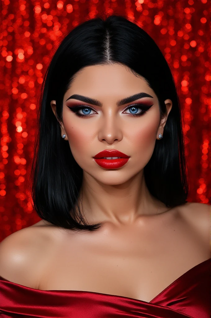 Vector art,Create an image in inkpunk style,vibrant illustration,digital art,off shoulders portrait photography of Esc_KiraQueen,<lora:Esc_KiraQueen:0.8>,taken in a professional studio setting,red shiny shimmering sequined background,((film grain)),warm shadows,smooth,flawless complexion and striking features. striking blue eyes. straight black hair cascading down her shoulders,lips are painted a vibrant,bold red,dramatic winged eyeliner that extends outward in a sharp,precise line. Her eyelashes are long and voluminous,enhanced with mascara. Her complexion has a radiant,glowing sheen,natural skin health. Her skin is flawless,with a smooth,slightly dewy texture and a natural,Her eyebrows are well-groomed and thick,shade of honey brown,accentuated by long,thick,dark eyelashes.,
makeup,skin texture,<lora:TW_Makeup:0.4>,red lipstick,<lora:Test_OS:0.6>,