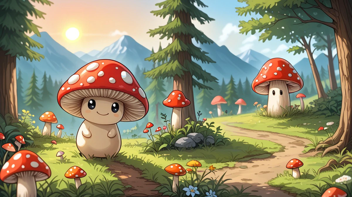 cute mushroom, , red cap covered in white spot, smile, many cute mushrooms, smile, kawaii eyes, in forest, mountain, sun, adventure, depth of field, flowers, trees, grass, small arms, no legs <lora:cute_mushroom:1>