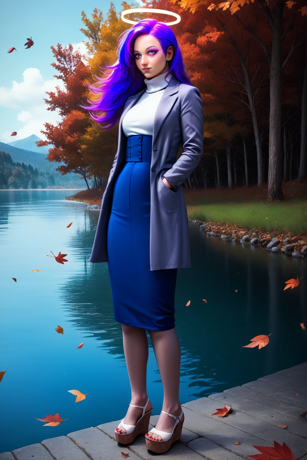 score_9, score_8_up, score_7_up, 1girl, source_anime, detailed, solo, 1RyS, heterochromia, purple eye, blue eye, horns, double halo, multicolored hair, purple hair, long hair, grey blazer, white turtleneck, high-waist skirt, blue skirt, pantyhose, hands in pocket, outdoors, autumn, lake, tree, mountain, falling leaves, wind, Wedge Heels, (Cork Wedges:1.3). Nail Polish, Toenail Polish.