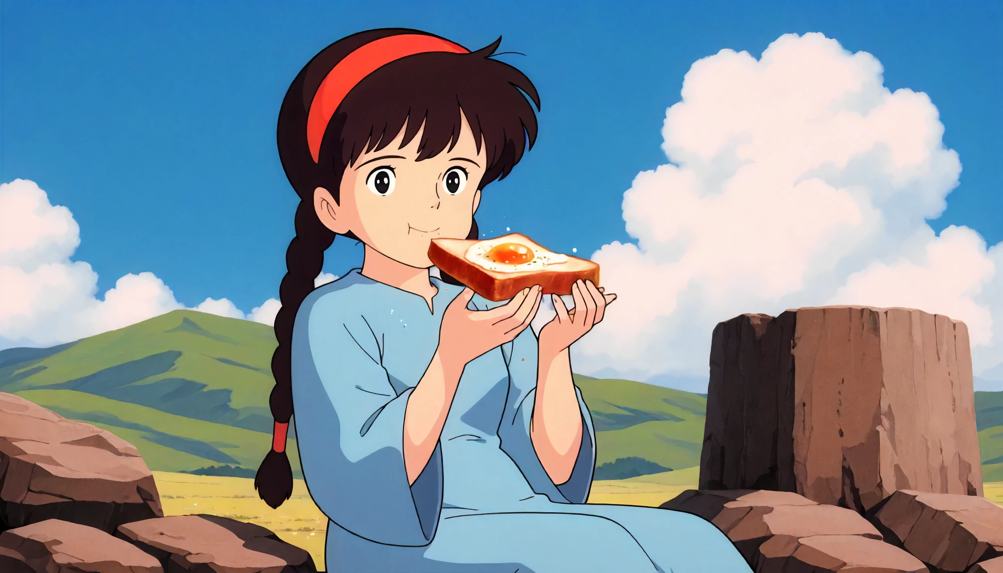 <lora:LCitS_sheetaXLIllustrious005>,
masterpiece,best quality,good quality,newest,
detailed background,blue sky,white cloud,glitter,
smile,
looking at viewer,
solo,
ghibli,anime coloring,retro artstyle,1990s \(style\),
sheeta\(tenkuu_no_shiro_laputa\),1girl,black brown hair,hairband,twin braids,black eyes,
blue dress,one-piece dress,long_sleeves,wide_sleeves,
sitting,eating,grilled egg,toast,