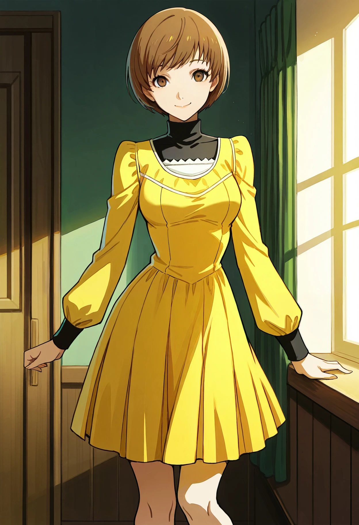 1 girl, solo, cute face,
p4chie, satonaka chie, short hair, brown hair,
p4chie-wincas2, black turtleneck, long sleeves, yellow dress, long sleeve dress, ruffled dress, brown pleated skirt, knees,
indoors, looking at viewer, smiling,
masterpiece, best quality, ultra detailed,