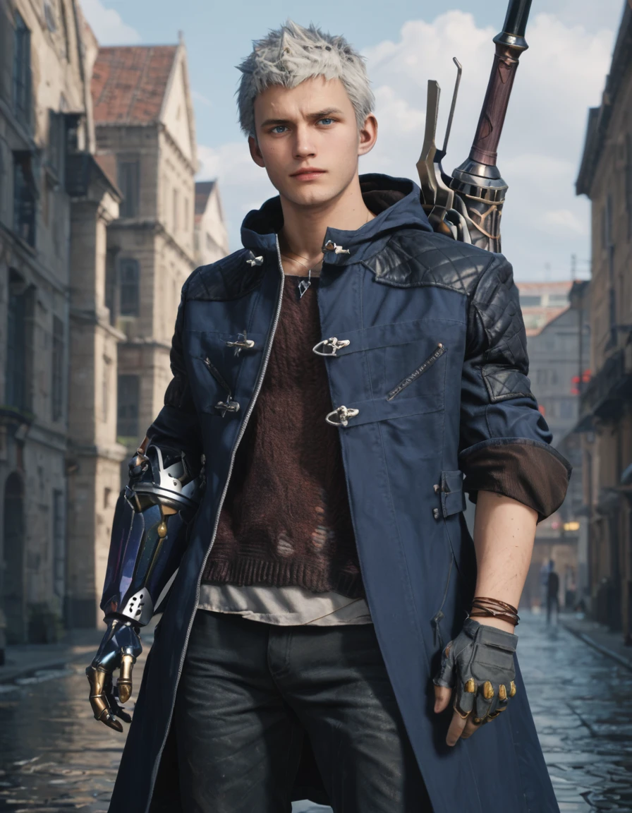 score_9, score_8_up, score_7_up, score_6_up, score_5_up, score_4, solo, outdoors
BREAK <lora:Nero_-_DMC_5_-_Pony:0.8> dmc5_nero, male, white hair, blue eyes, necklace, blue coat, hood down, sweater, bracelet, single glove, pants, single mechanical arm, looking at viewer, weapon, holding, sword