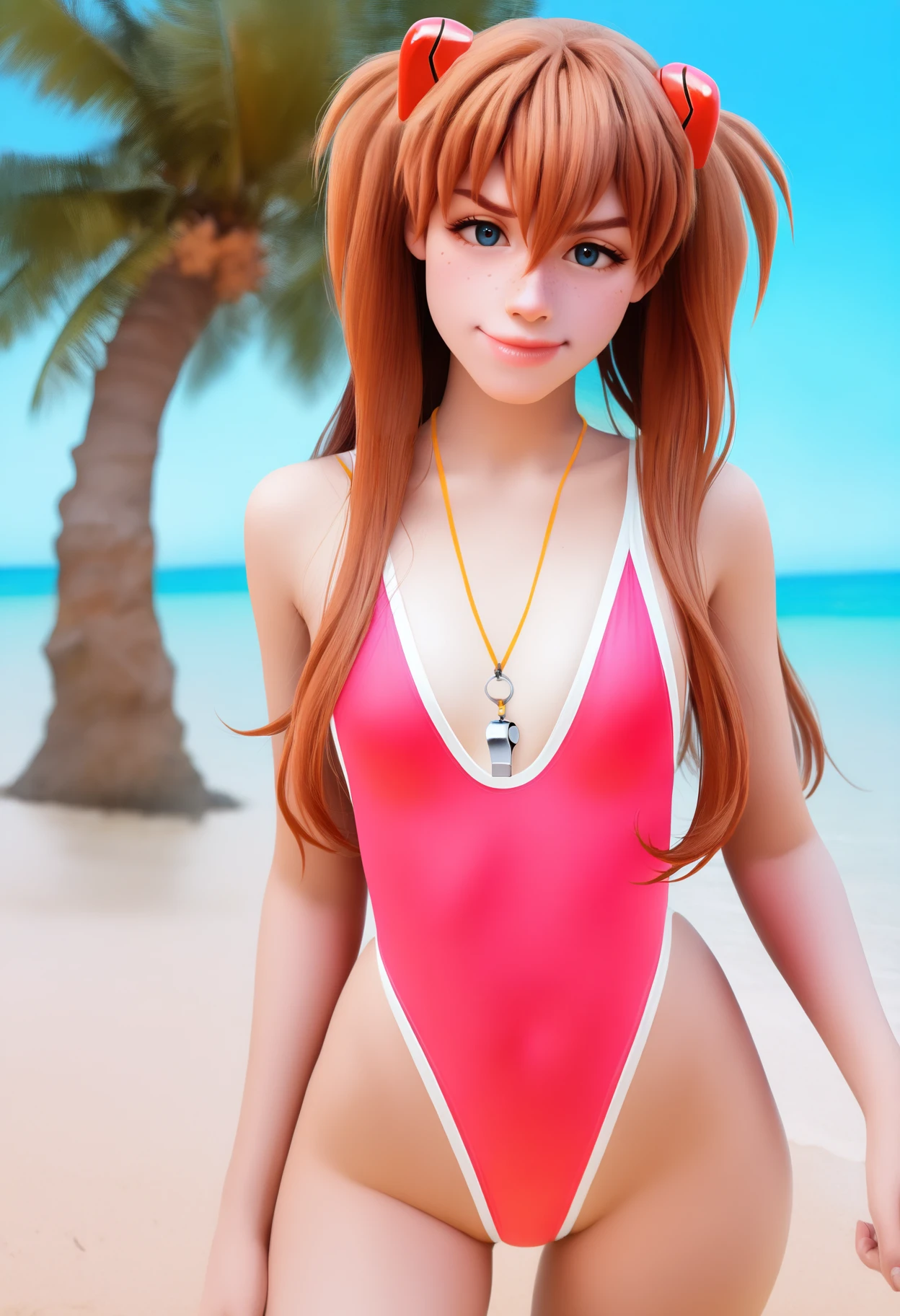 masterpiece, best quality, very aesthetic, absurdres,
1girl, shirogane, souryuu asuka langley, brown hair, twintails, bangs, freckles, long hair, blue eyes,
highleg swimsuit, pink one-piece swimsuit, whistle around neck,
smile, solo, looking at viewer, sea, sand, blue sky, tropical island background,  <lora:ShiroganeNoobXL_byKonan:1>