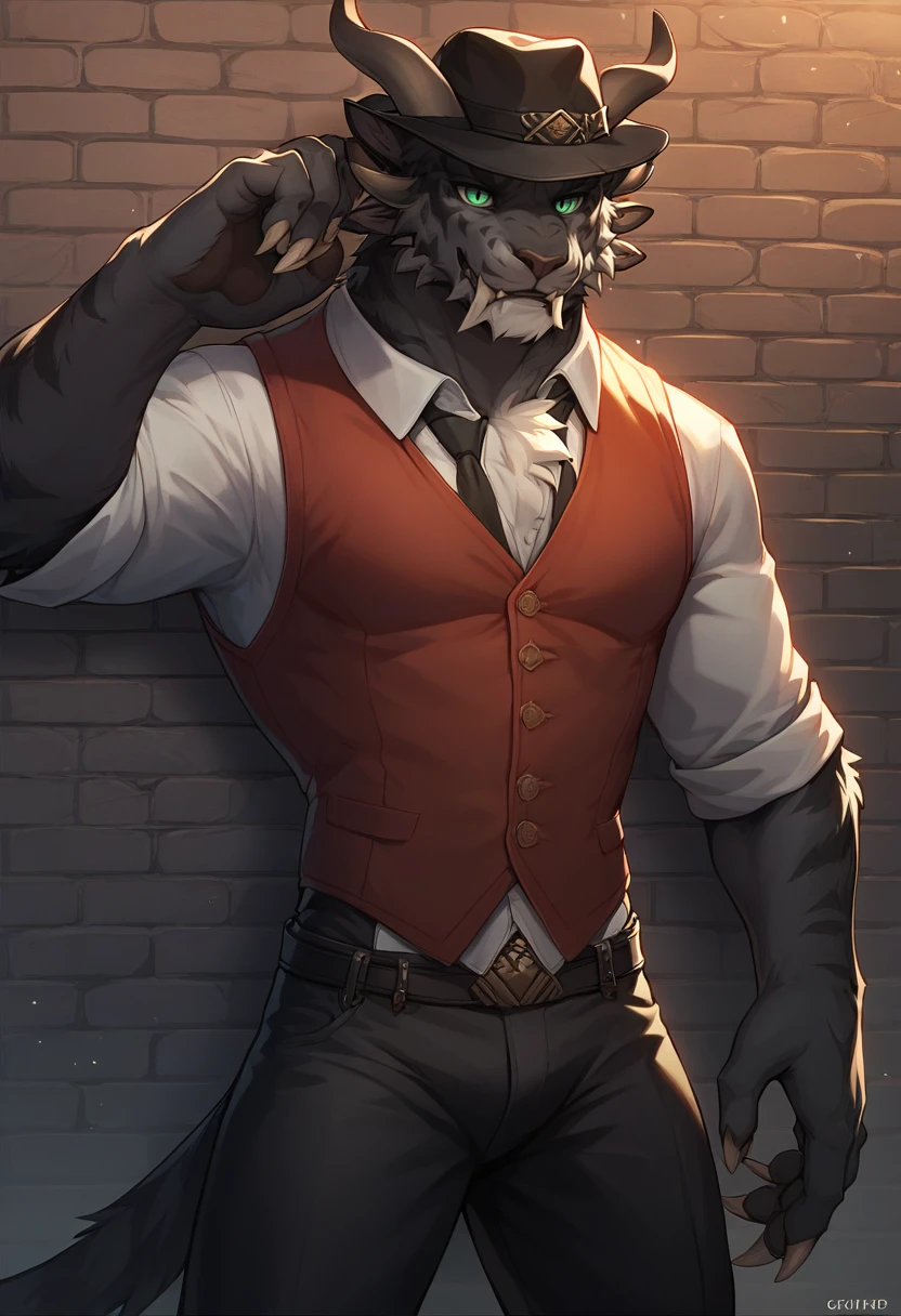 <lora:Charr:1>, score_9, score_8_up, score_7_up, charr, vest, male, hat, black pants with white stripe, furry, source_furry, green eyes, black fur, lead on the wall, vibrant color, high contract,