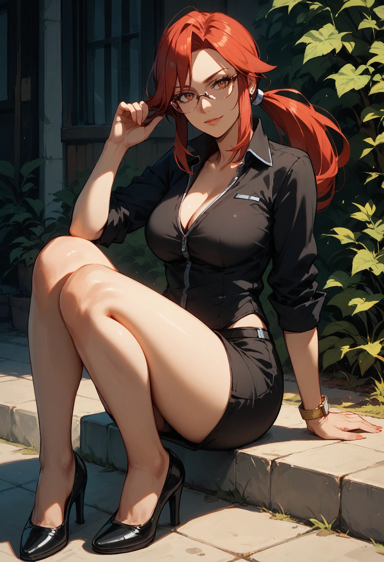 masterpiece, best quality, <lora:dmalise-nvwls-v1-000009:0.9> alise, ponytail, sleeveless shirt, black shorts, belt, clothes around waist, black thighhighs, large breasts, arms behind head, looking at viewer, sitting, chair, table, tavern