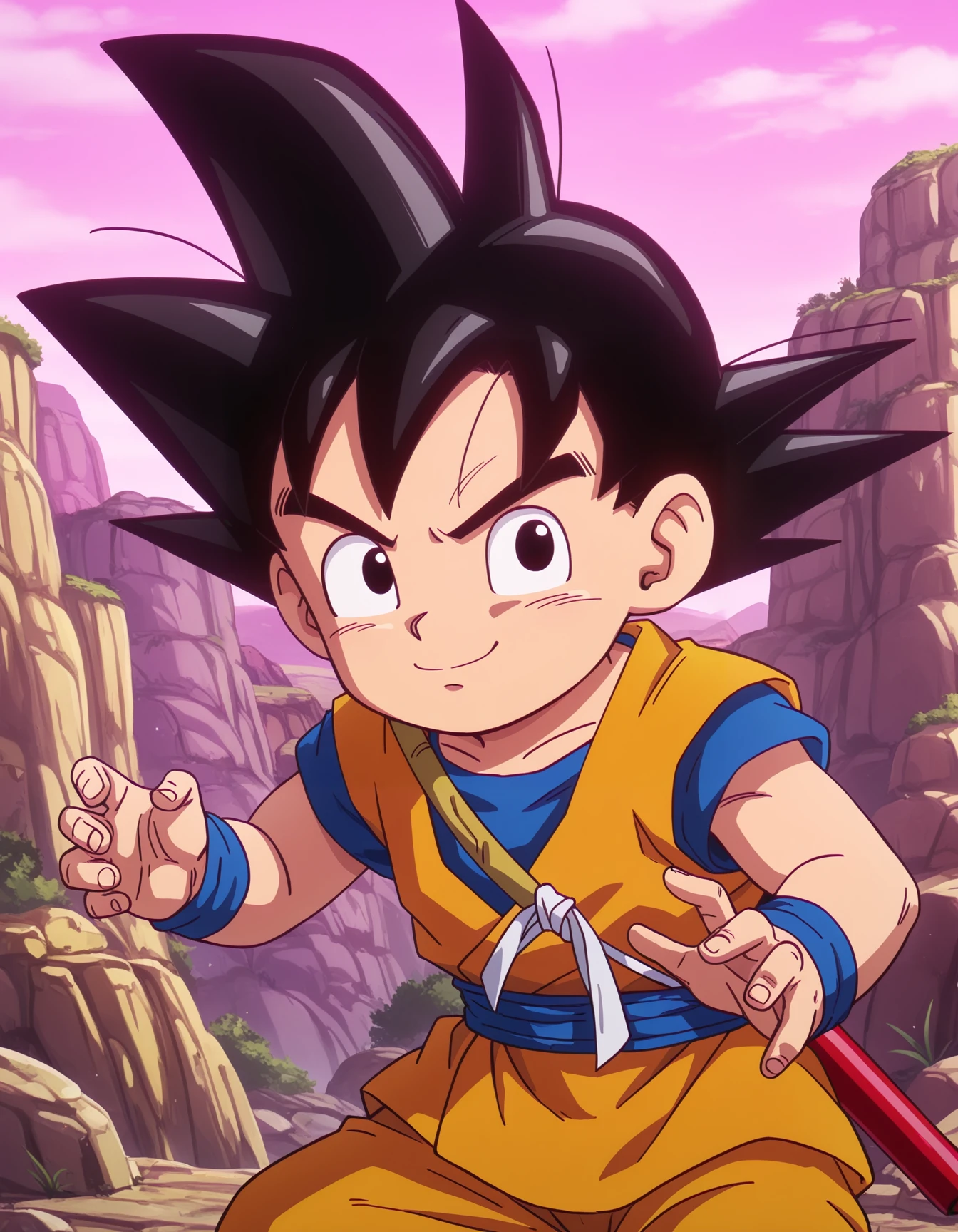 IllustriousQual, simple background, high quality, solo,
<lora:Daima-IL_epoch_12:0.8> dbdaima, son goku, dougi, black hair, black eyes, spiked hair, aged down, child, fighting stance, looking at viewer, confident, smile, v-shaped eyebrows, outdoors, pink sky, cloud, rock, cliff, mountain