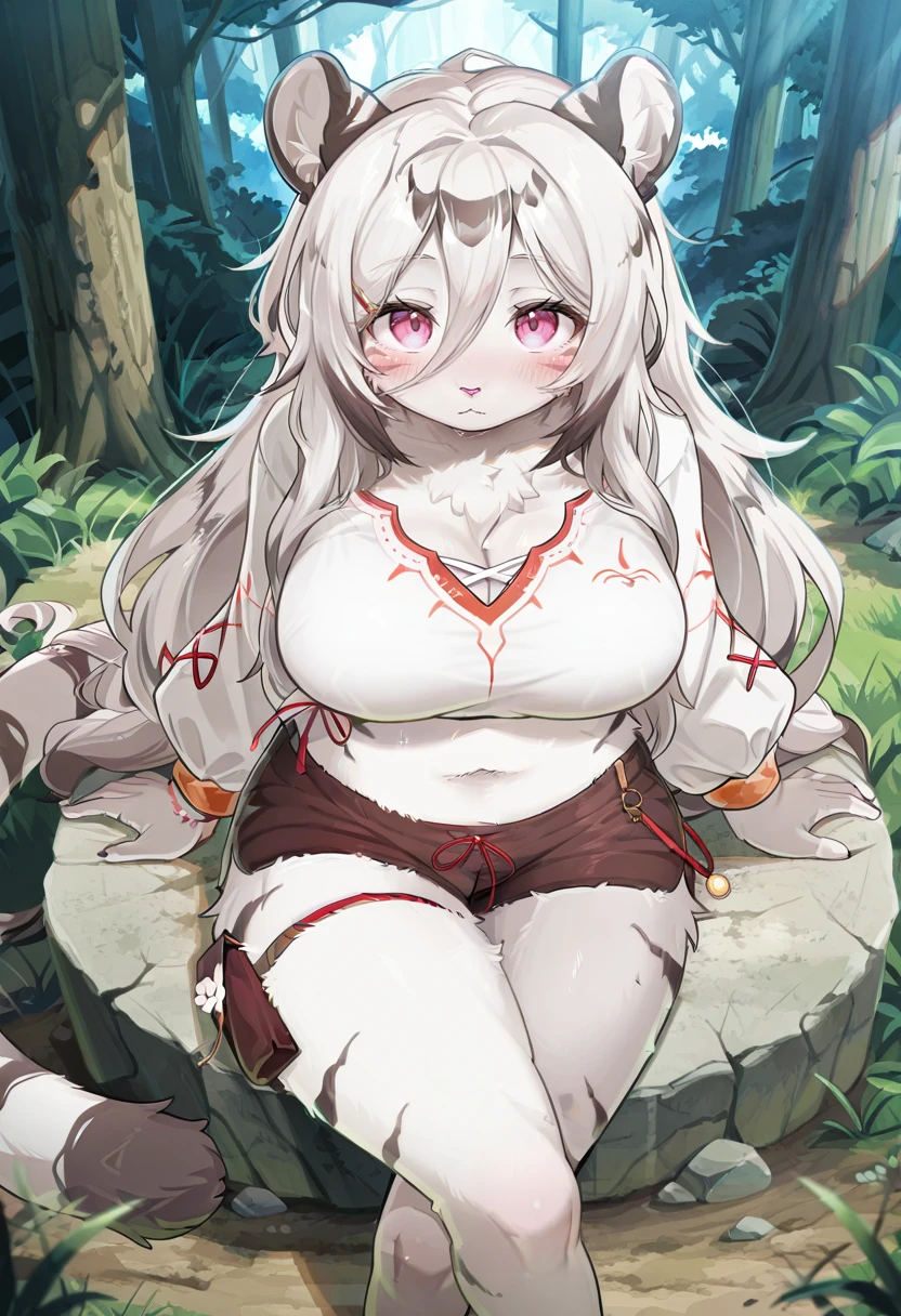 hannah,1girl,anthro,kemono,furry female,white hair,white fur,long hair,main outfit,white top with red accents,brown shorts,blush,forest,sitting,from above,crossed legs,looking at viewer,<lora:Hannah_Mahjong_Soul_Illustrious_v02:0.9>,, masterpiece, best quality, amazing quality, very aesthetic, high resolution, ultra-detailed, absurdres, newest, scenery, volumetric lighting