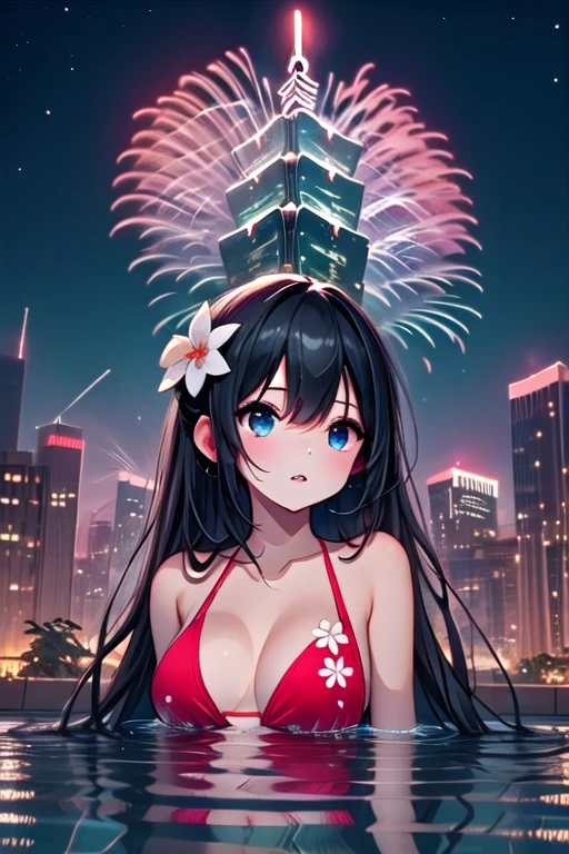 ((rooftop pool)), ((aerial fireworks)), taipei_101, skyscraper, 1girl, parted lips, slim figure, bikini, hair flower, red flower, partially submerged in water, city, sky, cityscape, skyline, horizon, night, night sky, city lights, scenery, outdoors, from below, <lora:girllikerooftoppool:0.9>