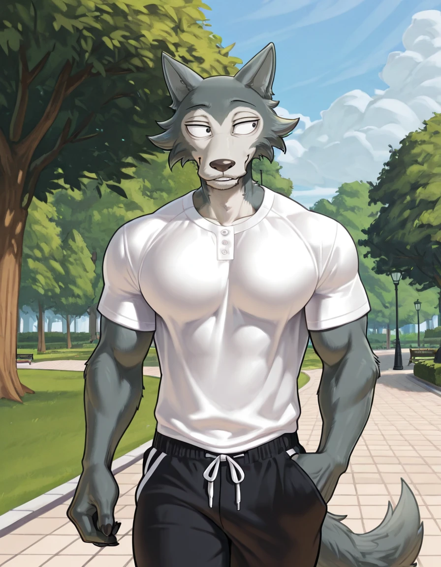 IllustriousQual, masterpiece, <lora:Legoshi_Illustrious:1> l3gosh1, beastars, furry male, 1boy, male focus, solo, wolf boy, black eyes, muscular male, athletic, large pectorals, , casual clothing, cute outfit, outdoors, park, walking, cowboy shot, smile,
