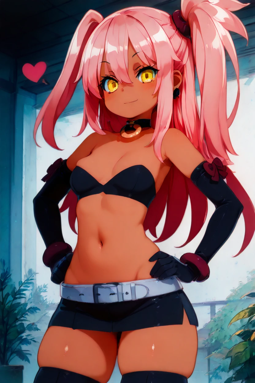 Professional Photography, 8k, highly detailed, intense lighting, daytime photography, sun light,
BREAK, 
slave choker, succubus girl, (bat ears), (succubus horns), (black skin:1.6), red eyes, smug eyes, (red glowing hair), straight red hair, big boobs:1.2, blush, thick eyeliner, ((red eyebrows)), 
BREAK,
((((Layers of bright colorful accessories)))), sticker-covered platform heels, ((mismatched thigh-highs)), (oversized bows), (((((statement decora fashion))))), (((plethora of kawaii accessories))), the character starring in a Harajuku-themed fashion editorial for a renowned magazine, BREAK, the photoshoot takes place against (iconic Harajuku backdrops), capturing the essence of the district's diverse fashion culture, 