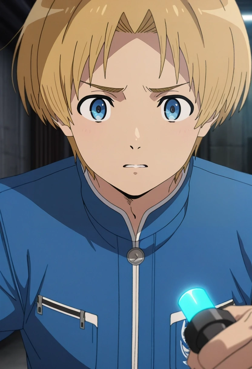 masterpiece, best quality, anime screencap, anime coloring, official style, intricate details, , 1boy, male focus, 1boy, armin arlert, blonde hair, blue eyes, solo, futuristic garage, sleek vehicles, glowing tools, tech gear, repairing pose, focused expression, metallic shine, <lora:mushoku_tensei_style_ilxl:1>, mushoku_tensei_style,