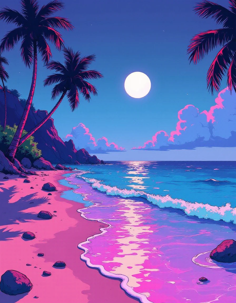 bright beach in the style of liquid neon <lora:liquid-neon:1>