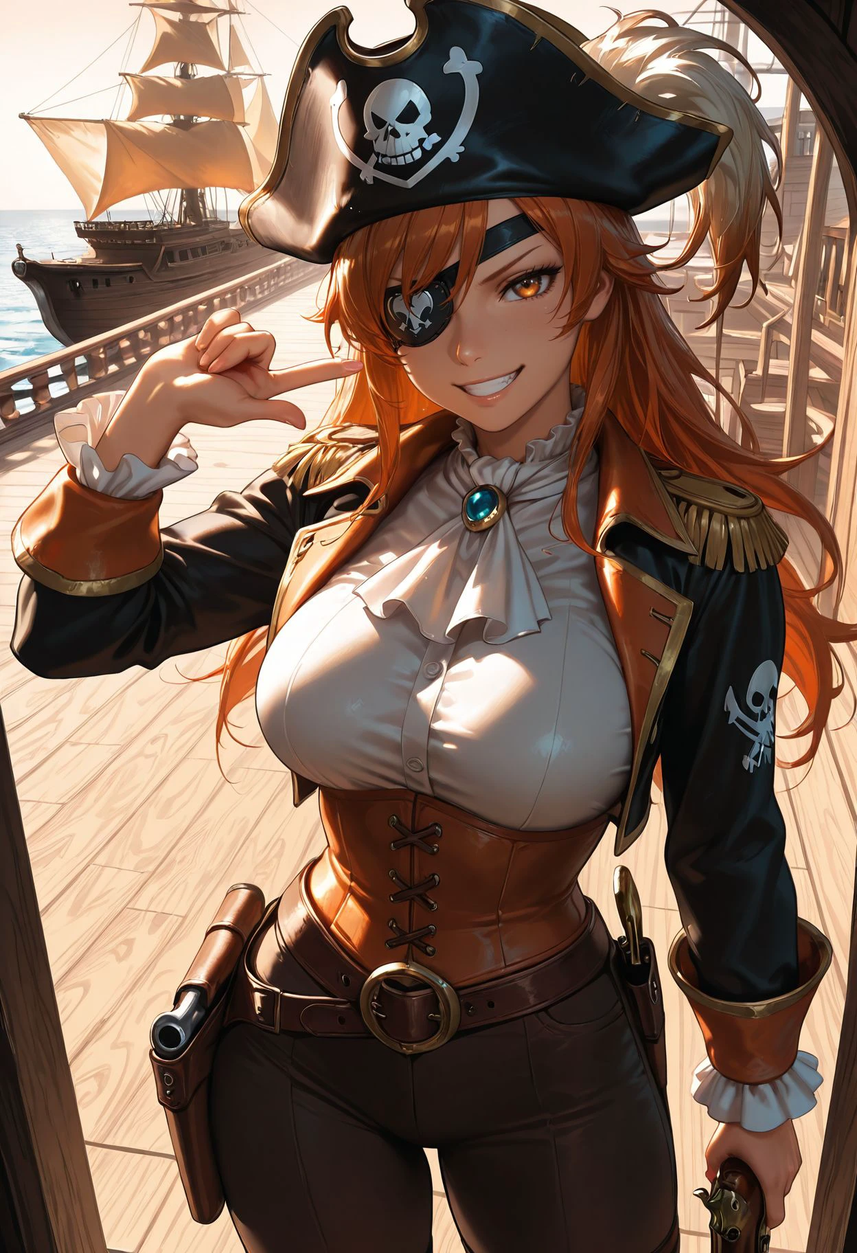 Smooth Quality - Illustrious,
1girl, female pirate captain, eyepatch, pirate captain clothes, pirate hat, brown orange hair, evil grin, holster, holding flintlock, trigger discipline, background tropical island​​​, ship deck, pointing at self,