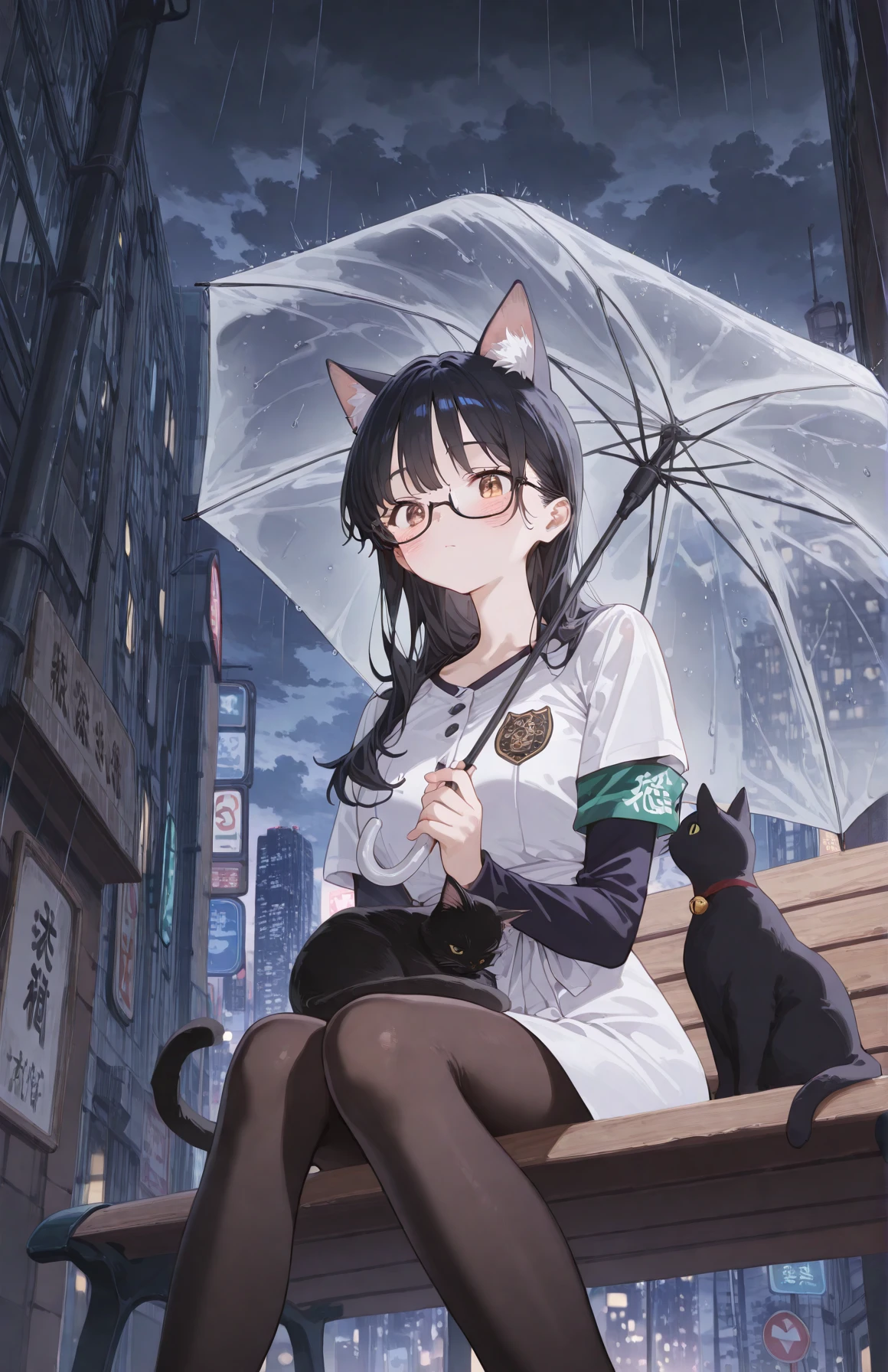 perfect quality,high quality,masterpiece,best quality,amazing quality,very aesthetic,Cinematic Lighting,newest,Tactical use of shadow,
<lora:Yamada Anna_Illustrious by Cyql:1>,yamadaanna cyql,1girl,blush,long hair,black hair,brown eyes,
animal ears,cat,sign,rain,glasses,outdoors,sitting,cat ears,pantyhose,holding,black pantyhose,umbrella,tail,long sleeves,building,animal ear fluff,sky,city,cat tail,animal,holding umbrella,closed mouth,cat girl,layered sleeves,transparent,dress,short over long sleeves,billboard,white dress,cloud,armband,transparent umbrella,semi-rimless eyewear,black cat,cloudy sky,black-framed eyewear,bench,cup,feet out of frame,scenery,jacket,cityscape,night,white jacket,road sign,under-rim eyewear,chinese text,arrow (symbol),skyscraper,shirt,white shirt,extra ears,short sleeves,looking at viewer,instrument,disposable cup,
<lora:ponyv4_noob1_2_adamW:0.5>,<lora:spo_sdxl_10ep_4k-data_lora_webui:0.6>,<lora:USNR STYLE_XL_loha:0.45>,<lora:illustrious_all_rated_v1:0.6>,<lora:HG2512 by CYQL:0.4>,HG2512,