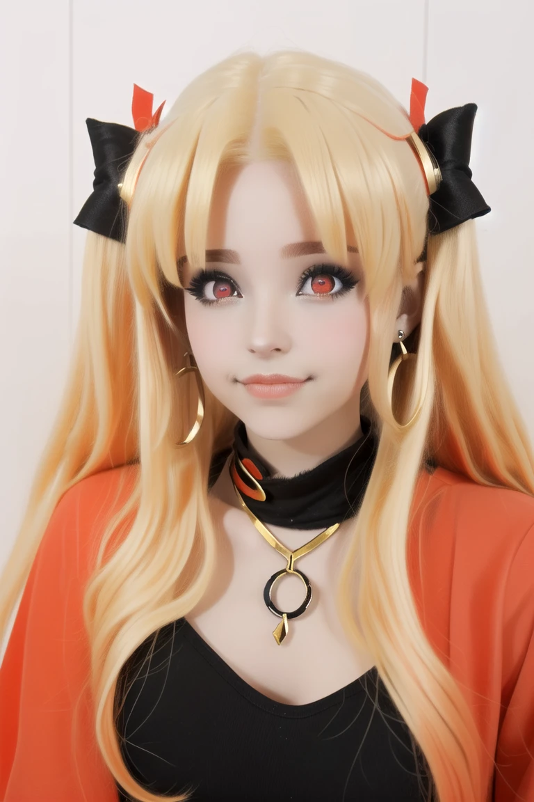 ereshkigal, blonde hair, earrings, hair bow, hoop earrings, jewelry, long hair, parted bangs, (red eyes:1.5), two side up