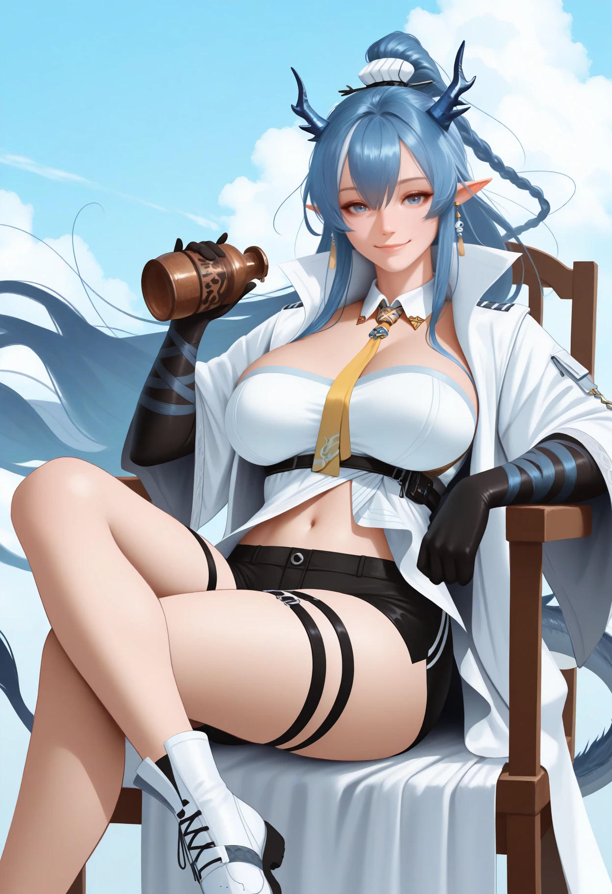 masterpiece, best quality, realistic, foot out of frame, solo, 1girl, l1ngdef, dragon tail, smile, looking at viewer, sitting, on chair, crossed legs, holding bottle, jug \(bottle\), streaked hair, blue hair, white hair, hair between eyes, braid, high ponytail, blue horns, dragon horns, pointy ears, blue eyes, white coat, open coat, long sleeves, wide sleeves, white shirt, strapless shirt, detached collar, yellow necktie, underbust, black gloves, elbow gloves, arm wrap, black shorts, short shorts, thigh strap, white footwear, tassel earrings, navel, large breasts, abstract background, blue sky, cloud, wind lift
<segment:yolo-face_yolov8m.pt,0.4,0.5//cid=1>