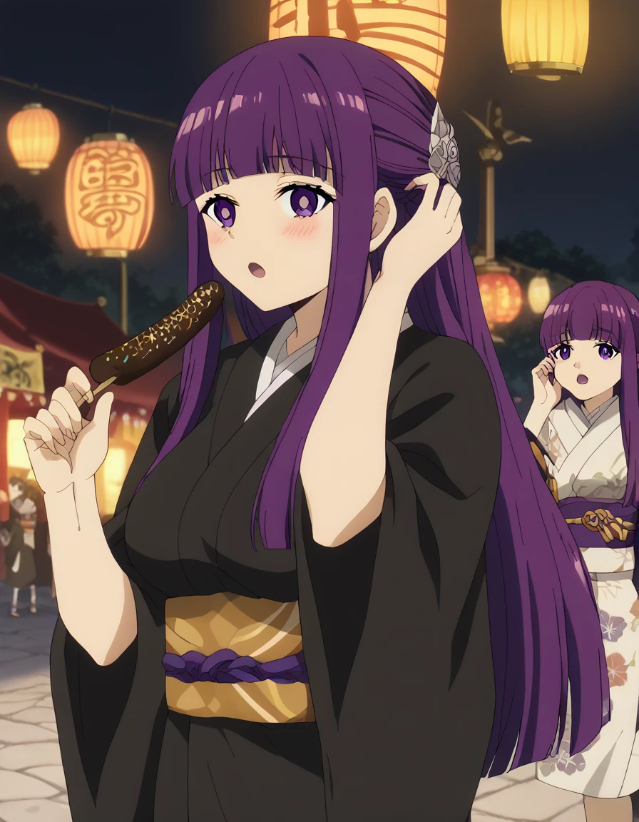 score_9, score_8_up, score_7_up, source_anime, <lora:fern-s1-v2-ponyxl-lora-nochekaiser:1>, fern, long hair, bangs, purple eyes, purple hair, sidelocks, blunt bangs, bright pupils, half updo, large breasts, anime screencap, <lora:chocolate-banana-ponyxl-lora-nochekaiser:1>, chocolate banana, open mouth, holding, holding food, blush,, japanese clothes, kimono, new year, obi, obiage, obijime, sash, wide sleeves, floral print, <lora:tucking-hair-ponyxl-lora-nochekaiser:1>, tucking hair, adjusting hair, hand on own hair, hair behind ear, hands up, sexually suggestive, looking at viewer,, cowboy shot, solo, cobblestone, festival, lantern, market stall, paper lantern,