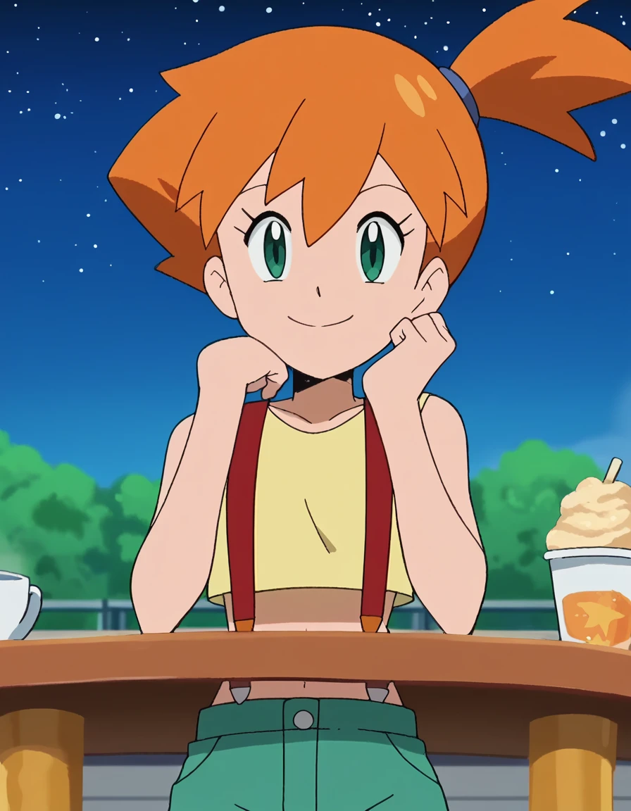 score_9, score_8_up, score_7_up, source_anime, <lora:misty-s25-ponyxl-lora-nochekaiser:1>, misty, misty (pokemon), short hair, green eyes, orange hair, side ponytail, anime screencap, shirt, navel, shorts, midriff, crop top, suspenders, green shorts, suspender shorts,, observatory, telescope, stars, space, roof, smile, <lora:pov-across-table-ponyxl-lora-nochekaiser:1> pov across table, pov dating, restaurant, table, meal, care, cup, head rest, smile, elbow on table, food, elbow rest,, looking at viewer, solo,, dutch angle, cowboy shot