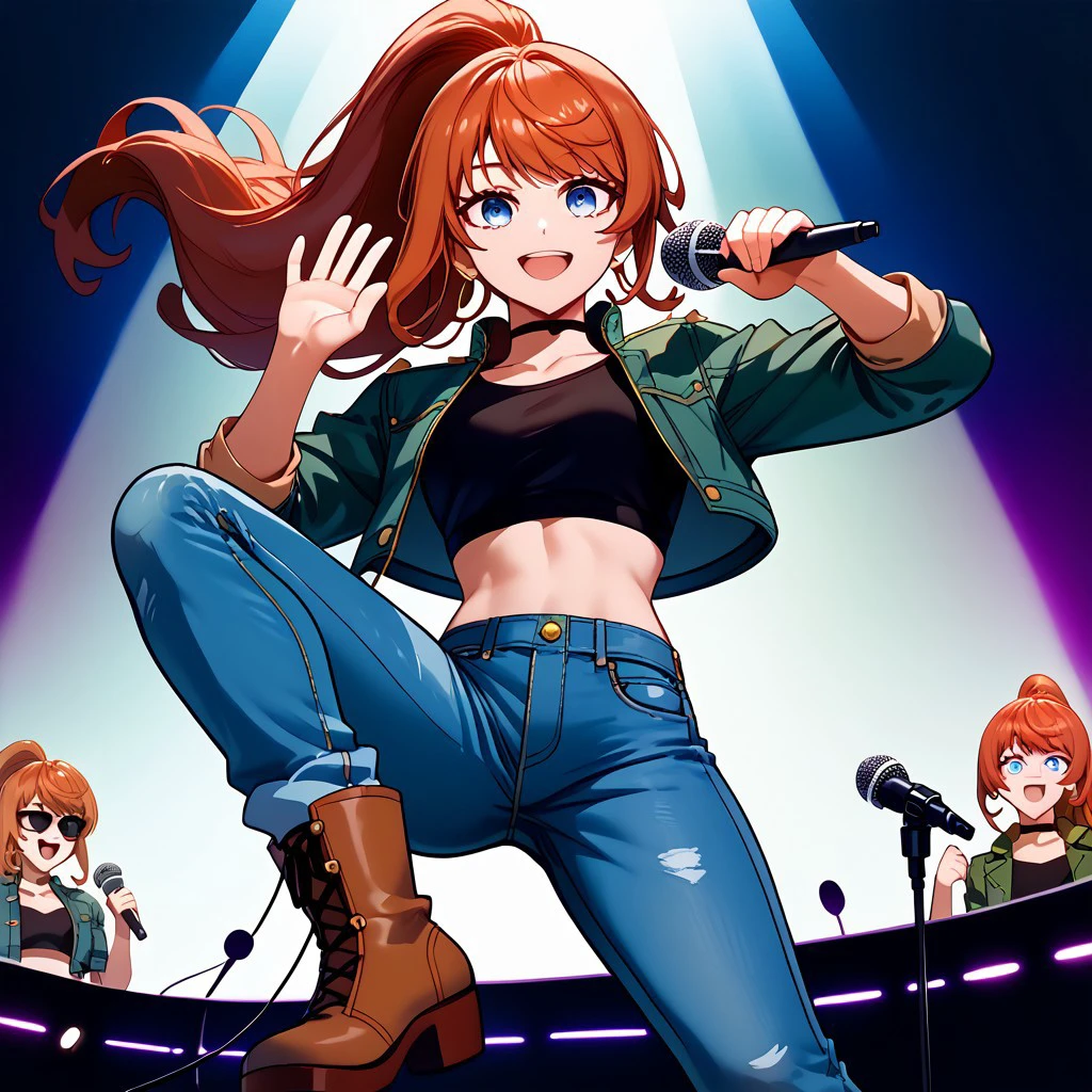 1girl, anna_taktop, red hair, ponytail, blue eyes, absurdres, 4kres, score_7_and_higher, masterpiece, high quality, good eyes, good hands, green denim jacket, crop top, jeans, boots, smiling, confident, singing, microphone, shades, freebos_smoothiestyle, concert