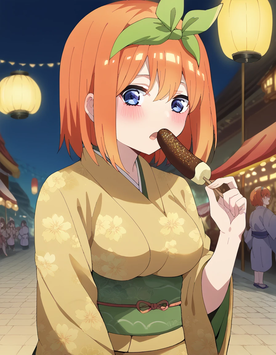 score_9, score_8_up, score_7_up, source_anime, <lora:yotsuba-nakano-s2-ponyxl-lora-nochekaiser:1>, yotsuba nakano, bangs, short hair, blue eyes, hair between eyes, hair ribbon, hairband, orange hair, green ribbon, large breasts,, <lora:chocolate-banana-ponyxl-lora-nochekaiser:1>, chocolate banana, open mouth, holding, holding food, blush,, japanese clothes, kimono, new year, obi, obiage, obijime, sash, wide sleeves, floral print, <lora:tucking-hair-ponyxl-lora-nochekaiser:1>, tucking hair, adjusting hair, hand on own hair, hair behind ear, hands up, sexually suggestive, looking at viewer,, cowboy shot, solo, cobblestone, festival, lantern, market stall, paper lantern,