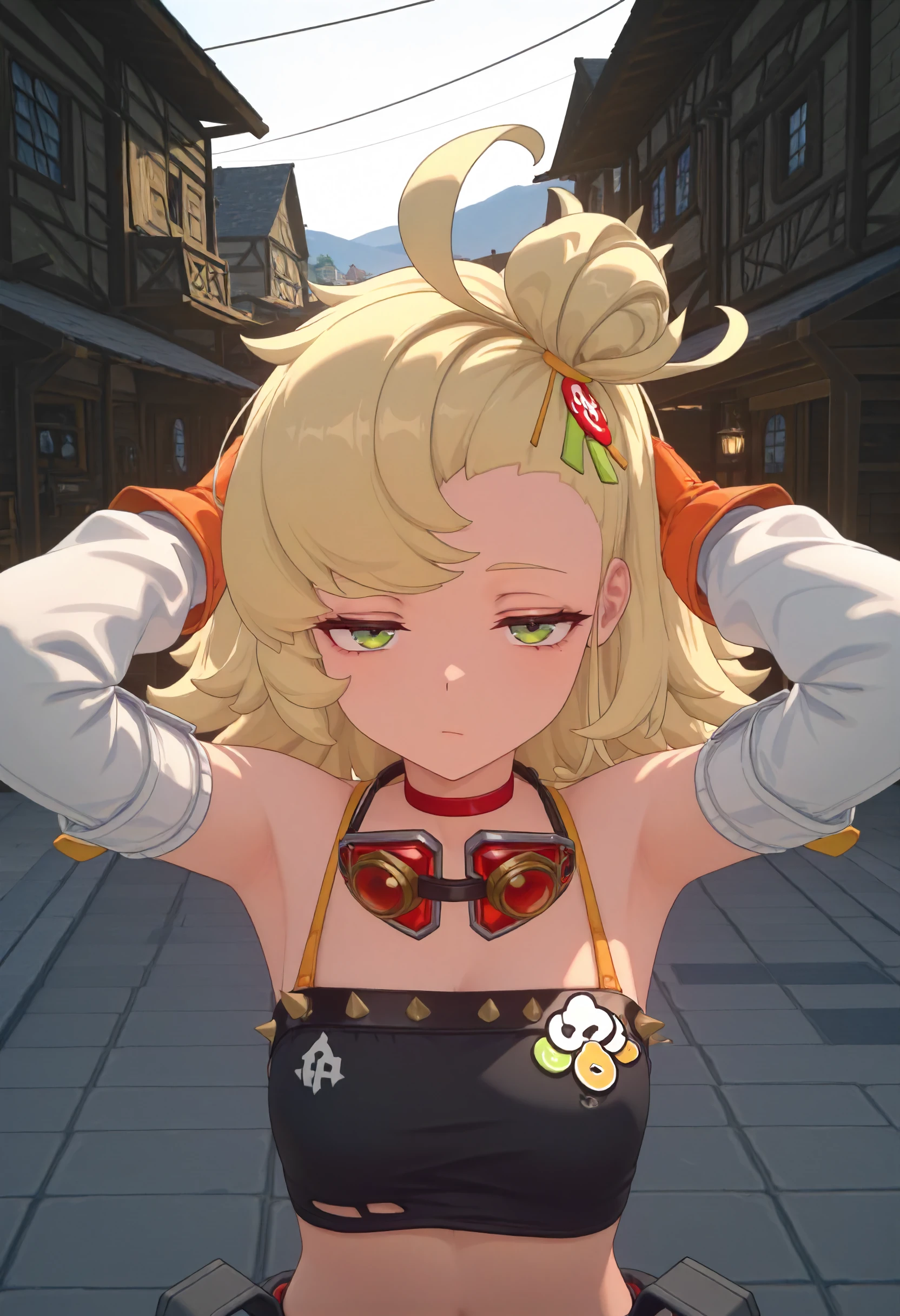 masterpiece, best quality, amazing quality, very aesthetic, absurdres, newest, scenery, volumetric lighting, perfect eyes, ultra detailed,
1girl, Piper Wheel, solo, blonde hair, ahoge, messy hair, hair bun, green eyes,
black crop top, detached sleeves, shoulder cut, white sleeves, orange gloves, midriff, navel, black shorts, detached pant legs, red pant legs, thighs, belts, goggles around neck,
standing, looking at viewer, hands behind head, half-closed eyes, bored face, closeup, face closeup, portrait,
village, detailed background, backlighting,
<lora:Piper_Wheel_-_Zenless_Zone_Zero_ZZZ__Illustrious:1>
masterpiece, best quality, amazing quality, very aesthetic, absurdres, newest, scenery, volumetric lighting, perfect eyes, ultra detailed,