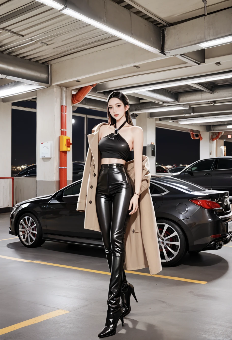 ,ruanyi1409,indoors,motor vehicle,,ruanyi1400,halterneck,sleeveless,tight clothes,leather pants,coat,
dark,night,black background,<lora:1409 Underground parking lot_v1_pony:1>,<lora:1400 date attire_v1_pony:0.9>, score_9,score_8_up,score_7_up,,8k,solo,,