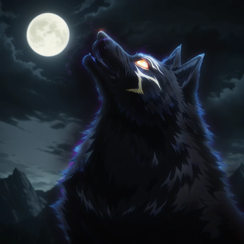 masterpiece,best quality,amazing quality,no humans, scenery, depth of field, night, full moon, cloudy sky, <lora:IL_Shangri-la_Frontier_Lycagon_the_Nightslayer:0.9> shflynsl, wolf, orange eyes, glowing eyes, glowing, looking up, howling, from side,