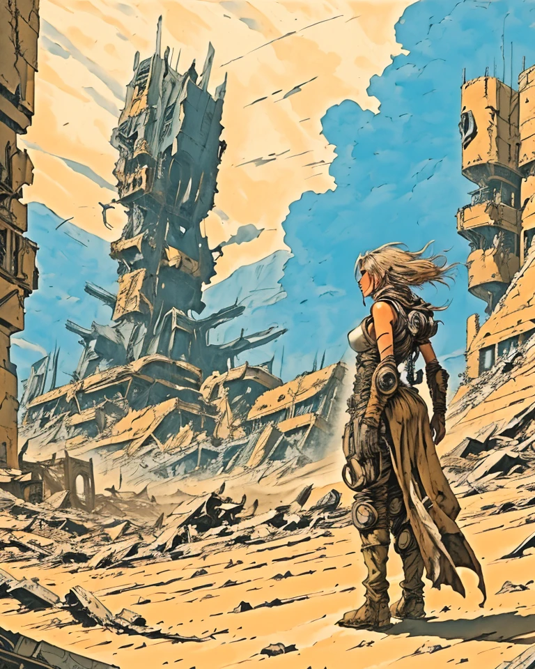 <lora:Retrocom1-SD1:0.95> Machinery, sandstorm, mountains, ruins, scavenger woman with windblown hair, post-apocalyptic