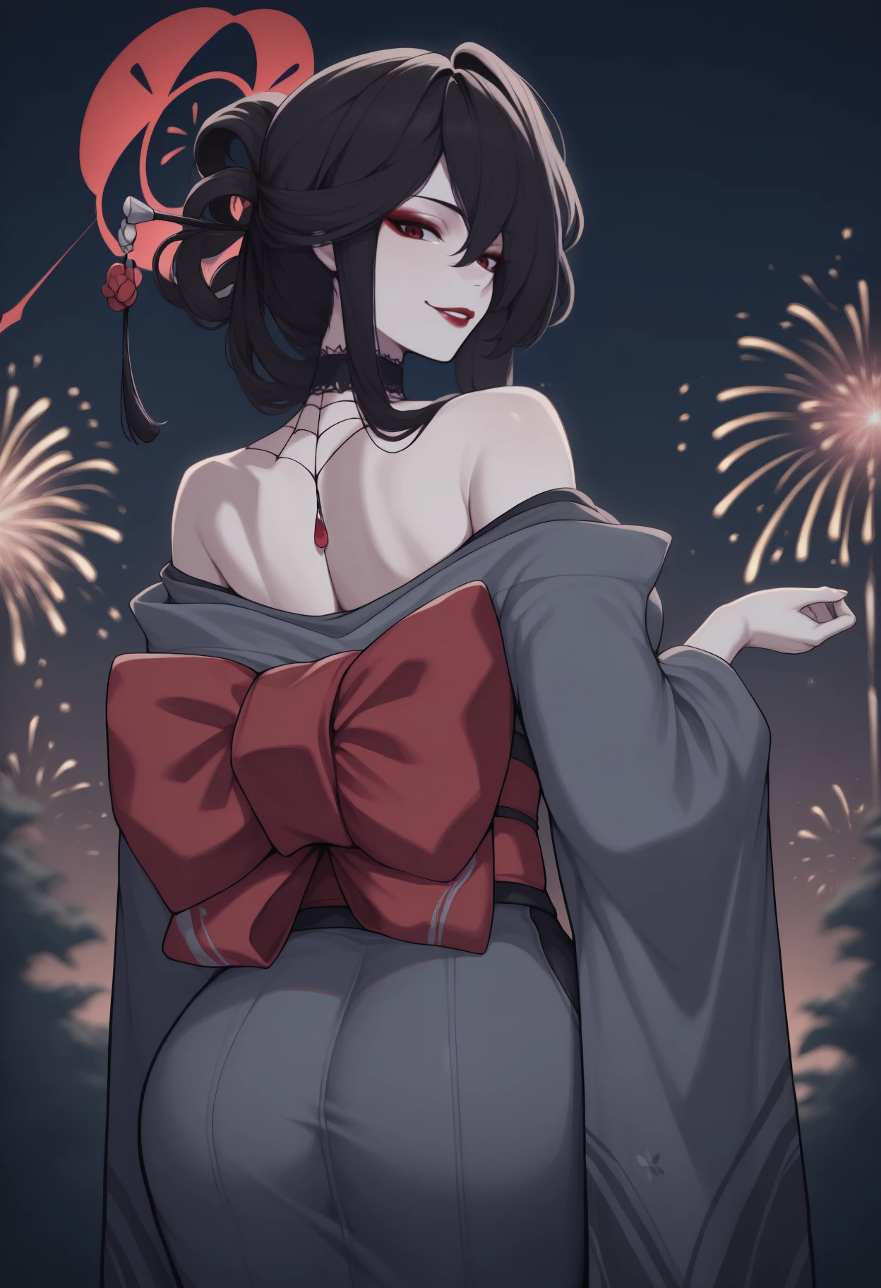 anime, masterpiece, best quality, from behind, solo, 1girl, k0kur1ko, makeup, red lips, smile, looking back, long hair, black hair, hair between eyes, hair stick, red halo, red eyes, japanese clothes, grey kimono, off shoulder, wide sleeves, red sash, obi, black choker, bare shoulders, outdoors, night, fireworks
<segment:yolo-face_yolov8m.pt,0.4,0.5//cid=1>