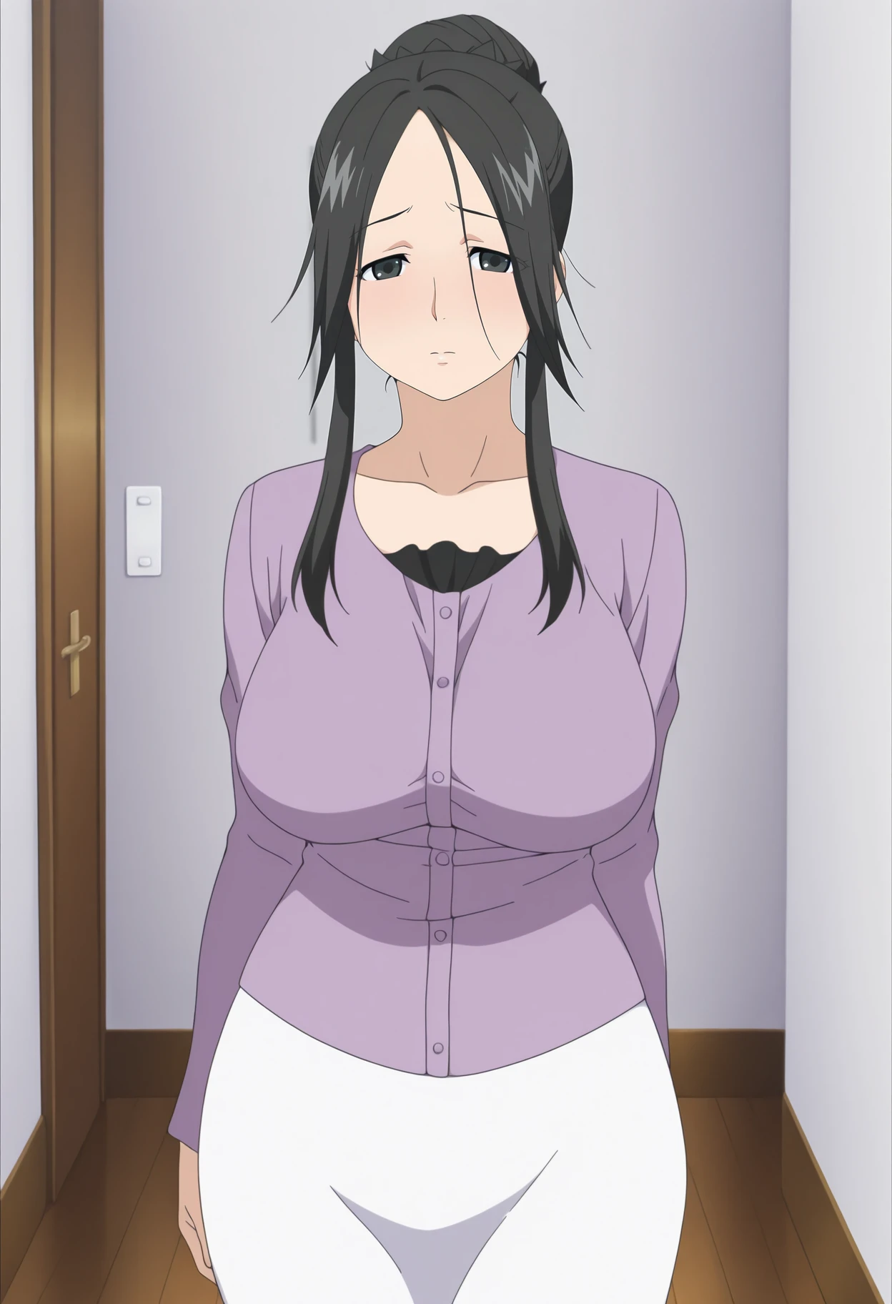 masterpiece, (best quality), 1woman,1girl ,haruhiko_ichijou_mother, black hair, long hair, (blue eyes),casual clothes, (skirt),big breasts ,, ,sexy woman,smile, hair between eyes, long sleeves,closed clothes, embarrassed,blush, , vibrant colors ,natural lighting ,RTX, , beautiful, (detailed face:1.2), showcase, (perfect eyes:1.1) ,(photorealistic:1.1), 8k uhd, looking at viewer, indoors, simple backround,
