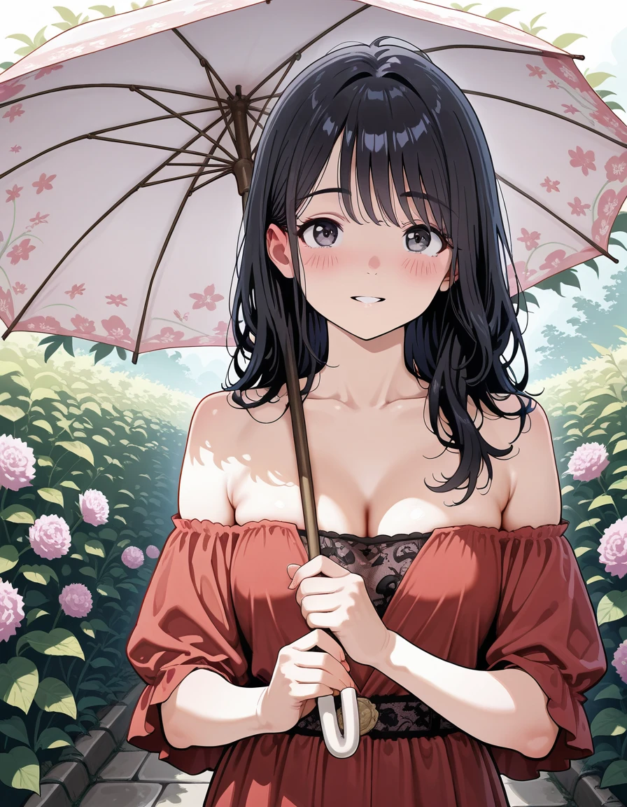 hud_gwn1i_illust, red dress, off shoulder, floral umbrella, upper body, hajime norayaka <lora:hud_gwn1i_illust:0.6>, absurdres, masterpiece, best quality, amazing quality