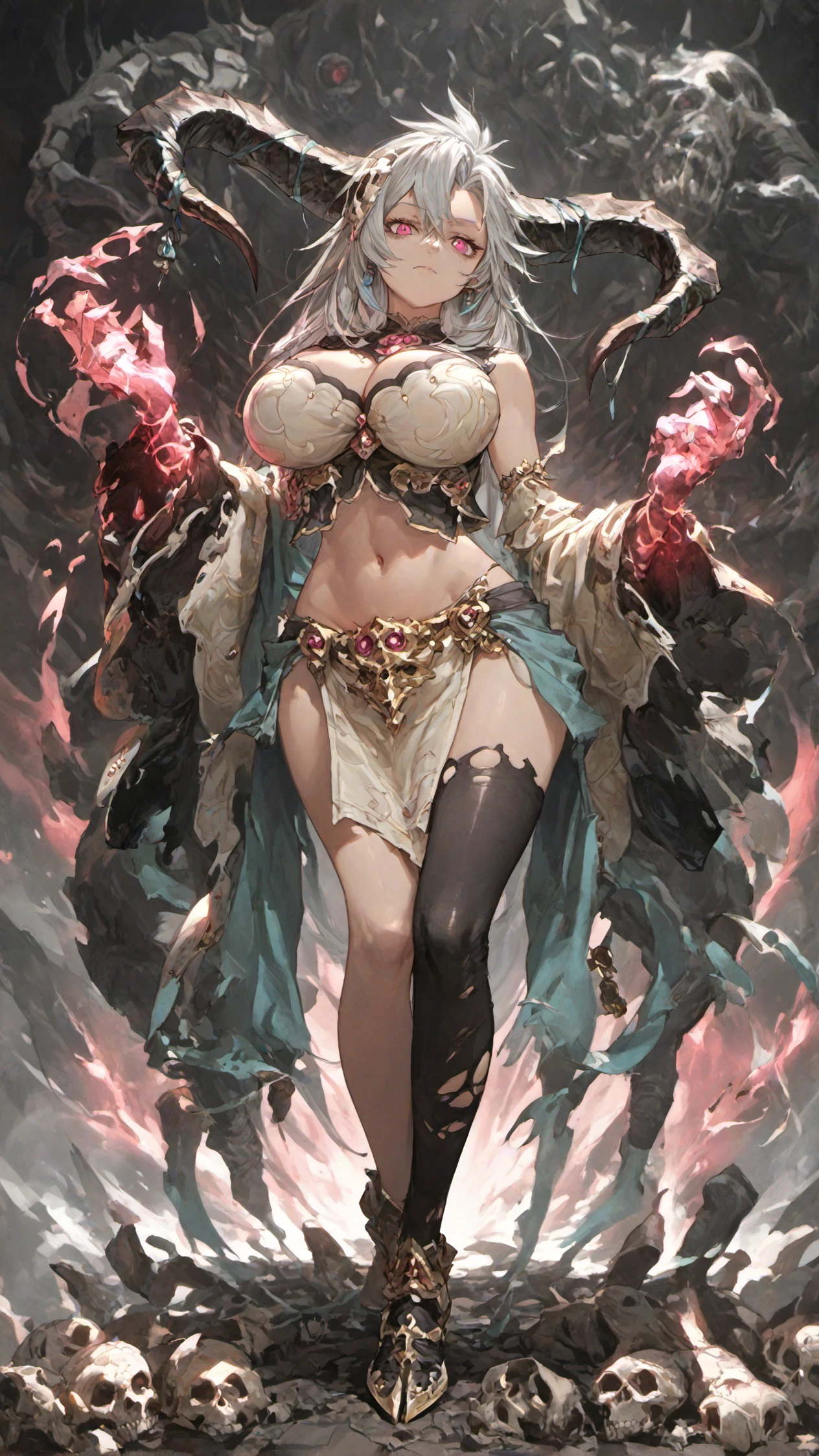 (score_9,score_8_up,score_7_up),source_anime,rating_safe,dark, energy, abyss,skulls,necromancer,
1girl, gbf-fediel,(large_horns:1.1), huge_breasts, navel, detached_sleeves, single_thighhigh, pelvic_curtain, full_body, 