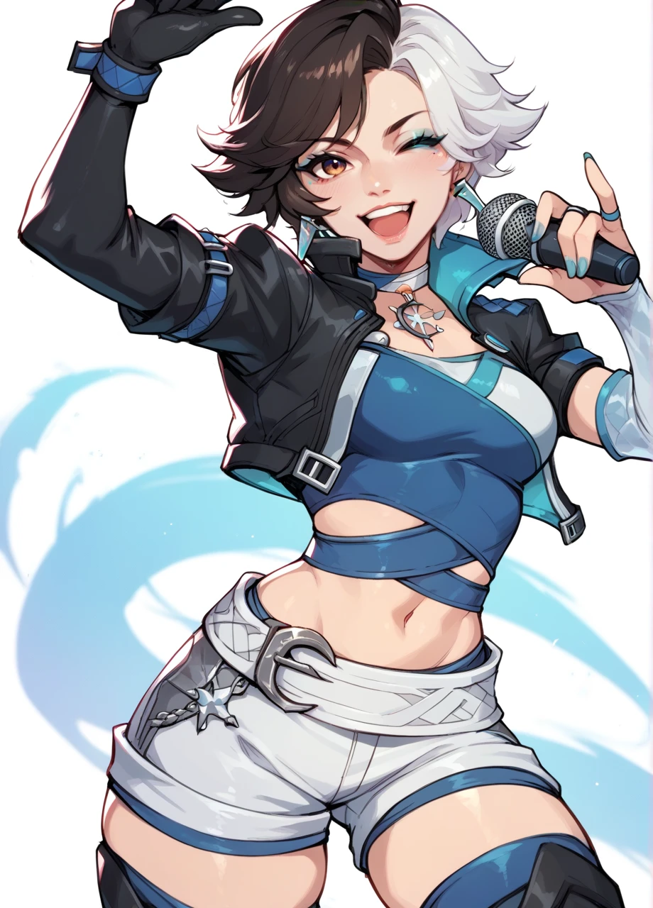 1girl, solo, cowboy shot, pointing at viewer, wink, singing, holding microphone, white background, mrlunasnow, short hair, two-tone hair, elbow gloves, cropped jacket, belt, shorts, thigh boots, eyeshadow, choker, earrings <lora:MR_LunaSnow-PONY:0.8>, score_8_up, score_7_up, score_6_up, score_5_up