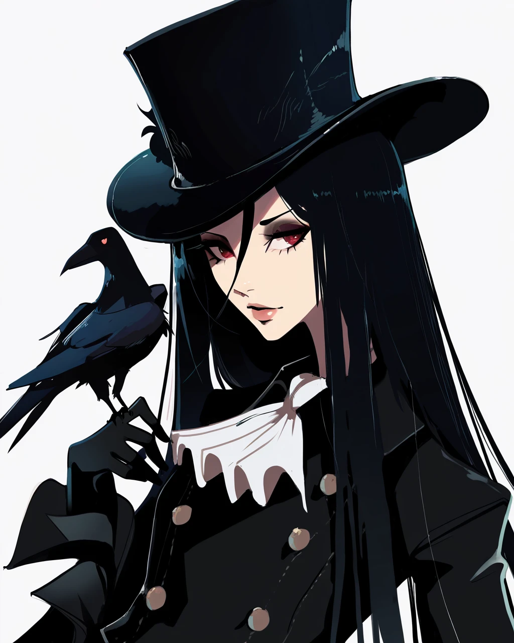 absurdres, high quality, masterpiece, very awa, Nemstyle, solo, long hair, looking at viewer, simple background, black hair, red eyes, gloves, hat, white background, lips, ascot, makeup, bird, straight hair, androgynous, 1other, eyeshadow, top hat, crow, bird on hand<lora:Nem_StyleIllustrious:1>