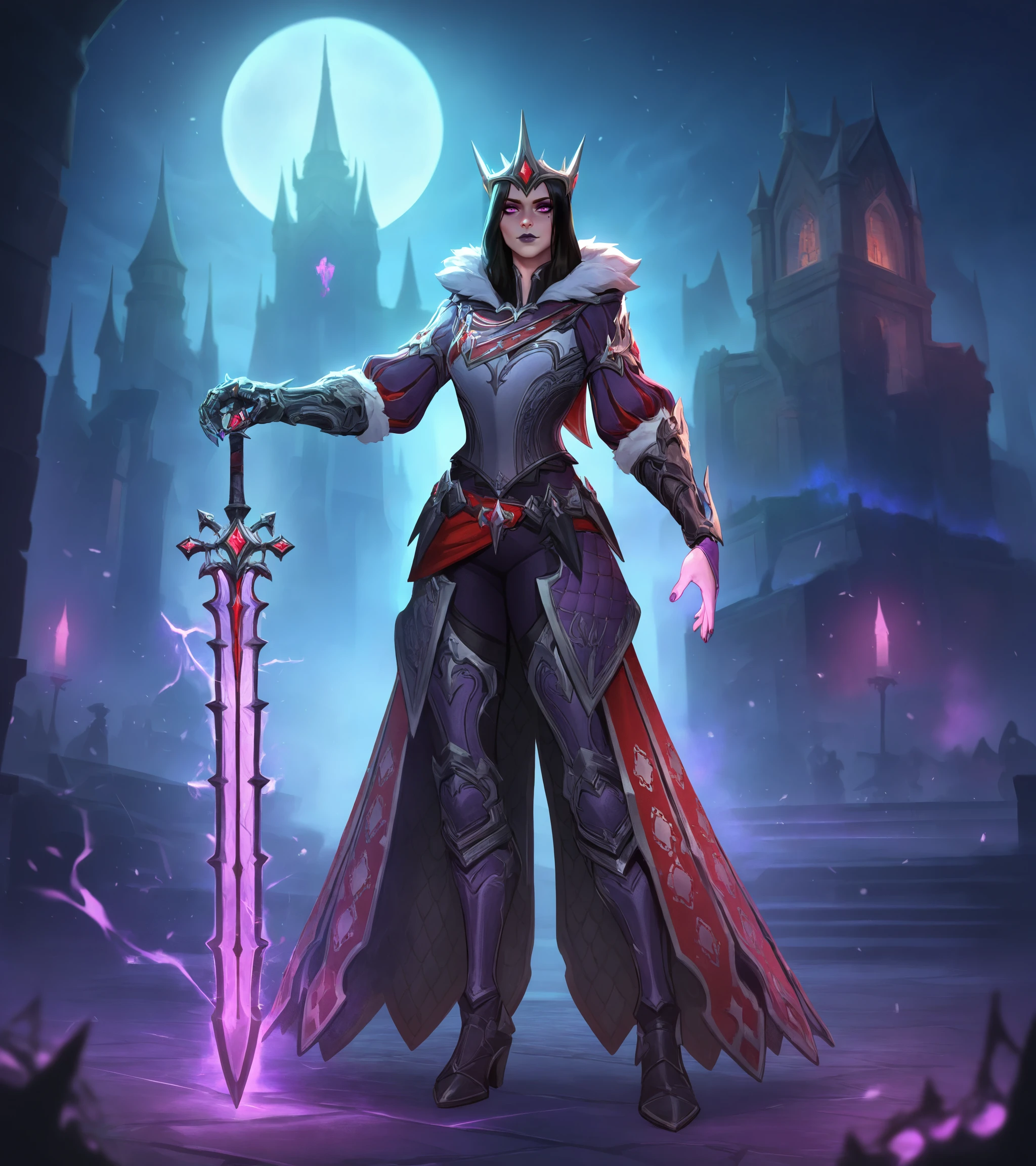 abstract, neon, epic, celestial aura, dark, particles, fractal, masterpiece, best quality, very awa, morglesmite, morgblade, holding morgblade, planted sword,
solo, long hair, black hair, purple eyeshadow, eyeliner, purple eyes, purple lips, mole under eye,
armor, fur trim, crown, single gauntlet, single bridal gauntlet, greaves, purple nails,
looking at viewer, closed mouth,
outdoors, castle, huge castle, european architecture, tower, architecture,
<lora:Morgan Le Fey Smite Noobeps1_1_epoch_9:0.8>