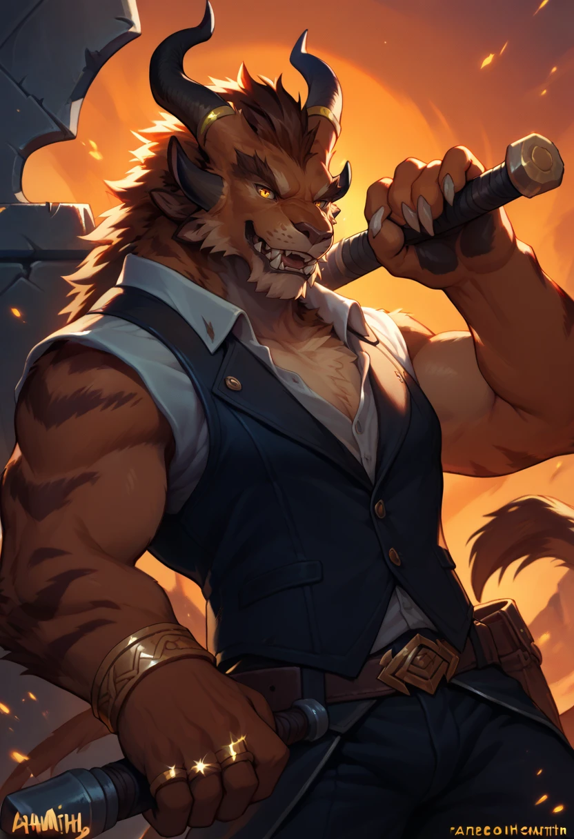 <lora:Charr:1>, score_9, score_8_up, score_7_up, charr, vest, male, furry, source_furry, brown fur, black horn, gold ring on horn, blacksmith, hammer, spark