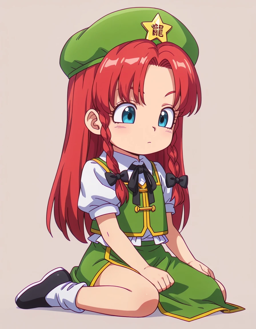 IllustriousQual, simple background, high quality, solo, 1girl,
<lora:Daima-IL v1:1> dbdaima, beret, \(touhou\) hong meiling,
aged down, child, wariza,