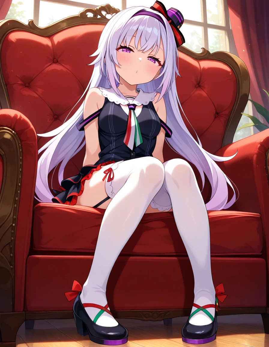 masterpiece, best quality, very aesthetic, absurdres,  carropino, 1girl, solo, half-closed eyes,  pouty lips, light purple hair, hairband, mini hat, multicolored necktie, sleeveless, frilled skirt,  white thighhighs, garter straps, sitting, pigeon-toed, <lora:ILcarropino:0.7>