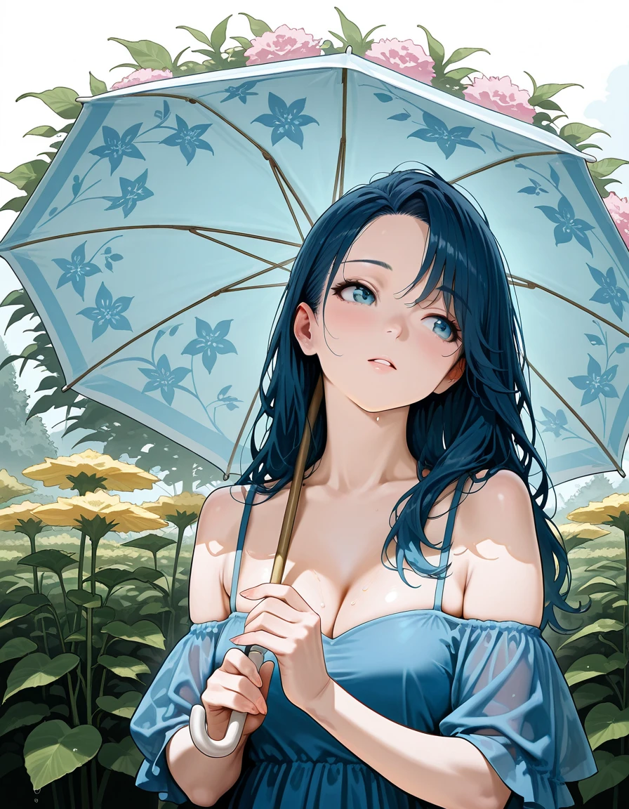 hud_gwn1i_illust, blue dress, off shoulder, floral umbrella, upper body <lora:hud_gwn1i_illust:0.6>, absurdres, masterpiece, best quality, amazing quality