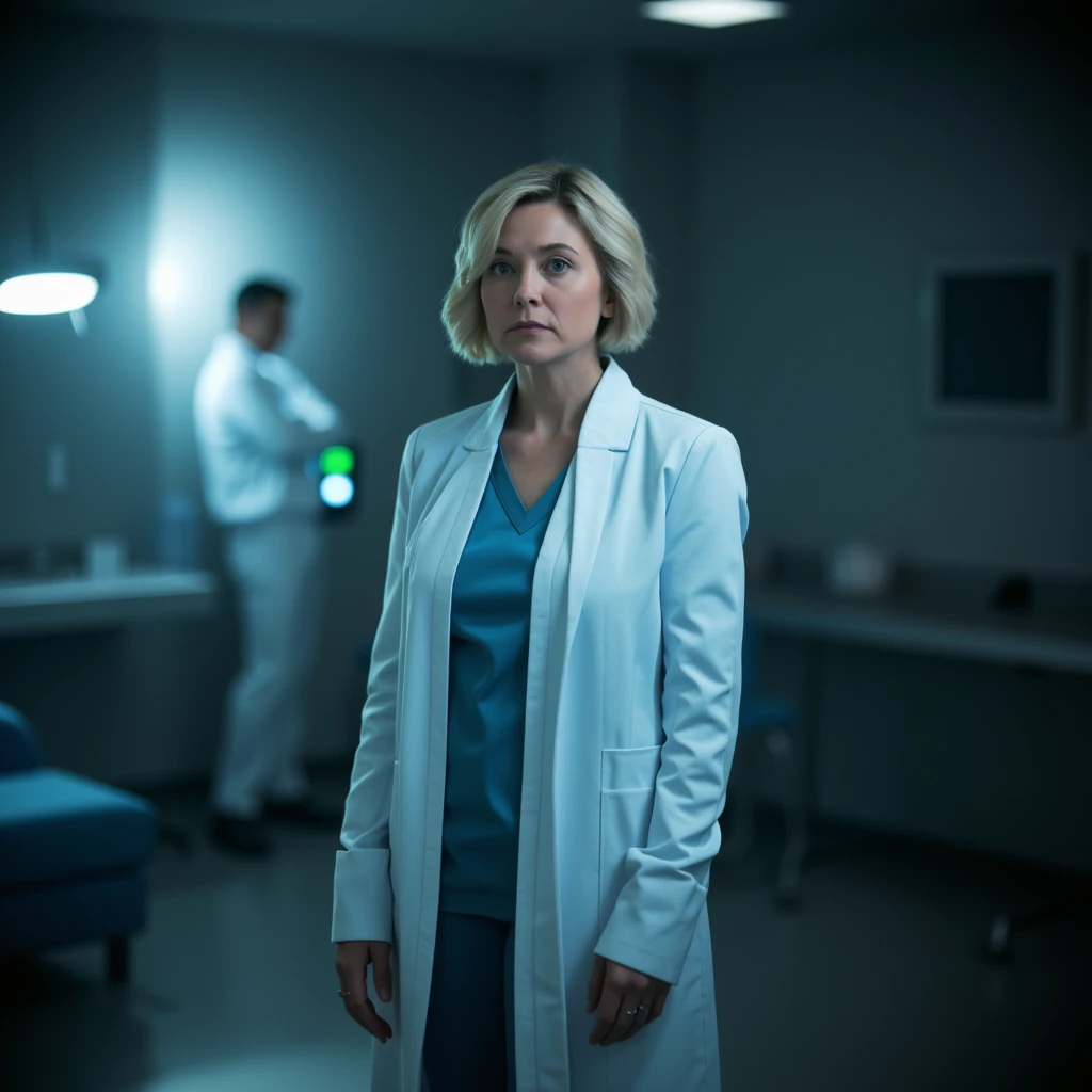 cinematic film still of  <lora:2600 - Halo style v1:0.8>
In Futuristic 26th century 2600 BCE Dr. Catherine Halsey a woman in a white coat standing in a room, 1girl, solo, looking at viewer, short hair, blonde hair, shirt, long sleeves, 1boy, standing, pants, coat, realistic, labcoat, cinematic, filmic, dramatic light, sci fi, action themed, futuristic, halo style, multicolored hair, hospital gown, blue eyes, closed mouth, blurry, lab coat, photorealistic, shallow depth of field, vignette, highly detailed, high budget, bokeh, cinemascope, moody, epic, gorgeous, film grain, grainy