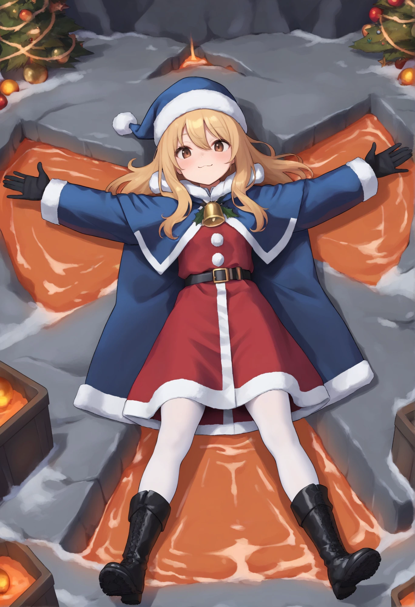 masterpiece, best quality, newest, safe,
1girl, 
very awa, snongel, lying, on back, lava, spread arms, arms up, feet out of frame, legs apart, solo, adult, santa outfit, full body, long sleeves, coat, christmas ornaments, fur-trimmed capelet, gloves, blonde hair, blue headwear, christmas tree, black gloves, from above, black footwear, capelet, grey background, long hair, closed mouth, red dress, brown eyes, white pantyhose, hair between eyes, boots, santa hat, looking at viewer, tilted headwear, shirt, hat, dress, pantyhose, blue coat, fur trim, :3