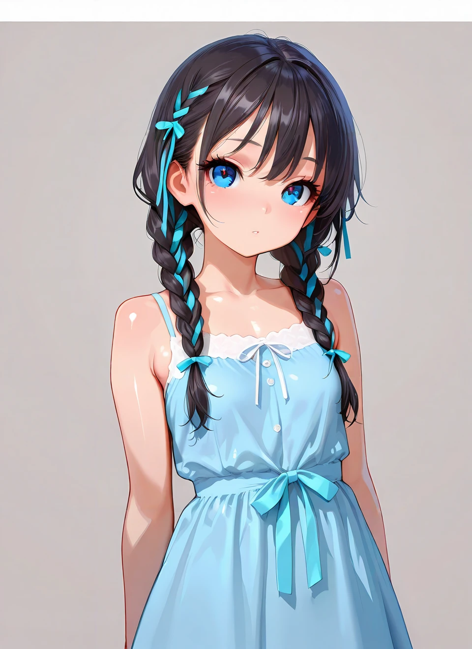 masterpiece,amazing quality,best quality,ultra-detailed,8K,illustration,CG,shiny hair,clear skin,ultra-detailed-eyes,simple background,cute girl, eyelashes <lora:hair ribbon braid_illustrious_V1.0:1> hair ribbon braid,dress,twin braids