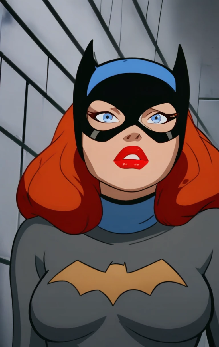 "0" :"b4tg1rl, 1girl, solo, blue eyes, upper body, red hair, lips, bodysuit, makeup, mask, parody, lipstick, red lips, retro artstyle, superhero,mask,((large breast 1:1.4,mask))",