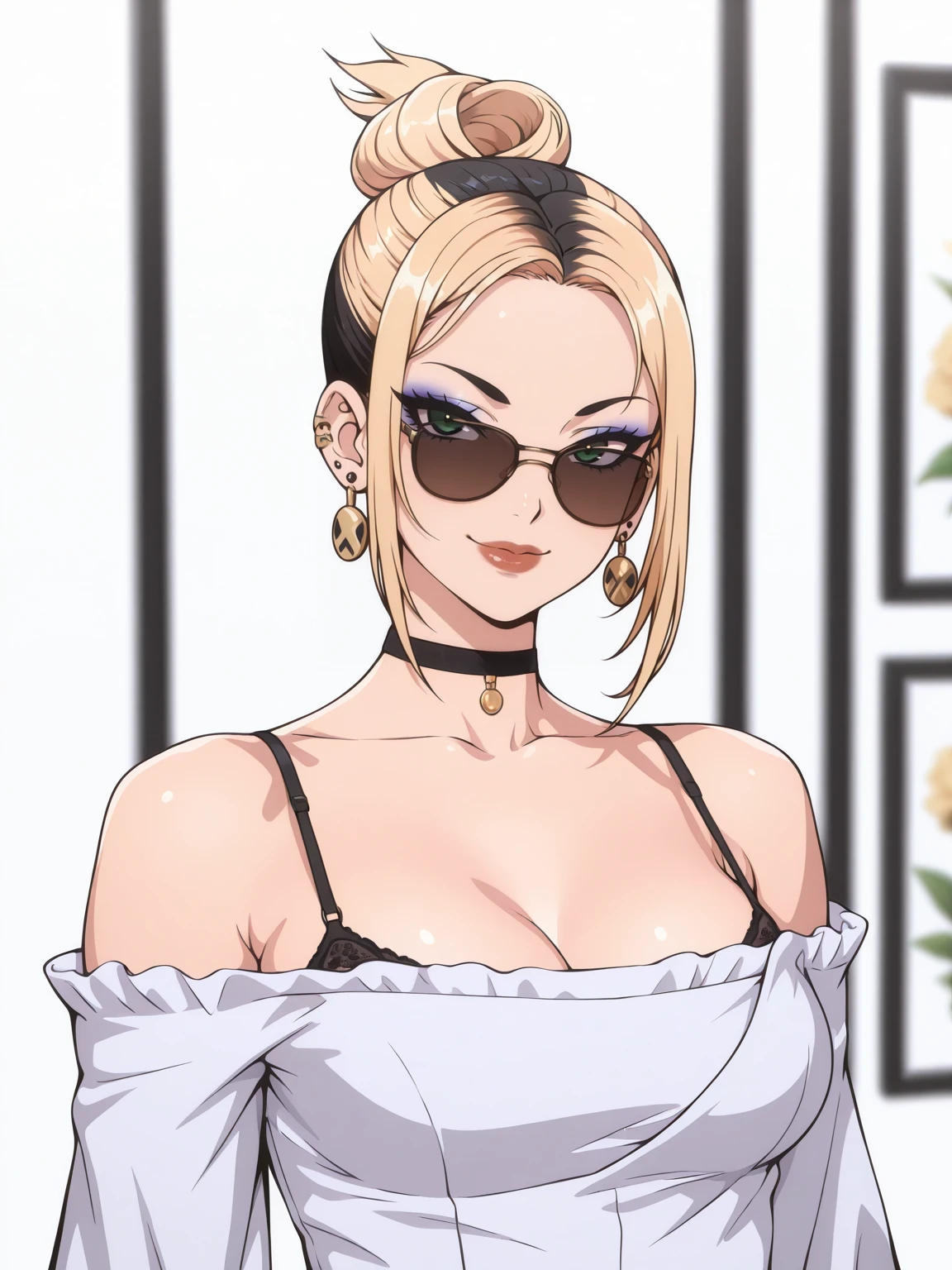 Masterpiece,best quality,1girl,solo,vector art,looking at viewer,blonde hair,sunglasses,choker,green eyes,upper body,smile,puffy lips,lipstick,tsurime,medium breasts,off-shoulder kimono,
1girl, solo, looking at viewer, smile, blonde hair, jewelry, upper body, multicolored hair, earrings,  two-tone hair, makeup, camisole, eyeshadow,with edgLevitating_hairstyle
 <lora:edgLevitatingILS:1>