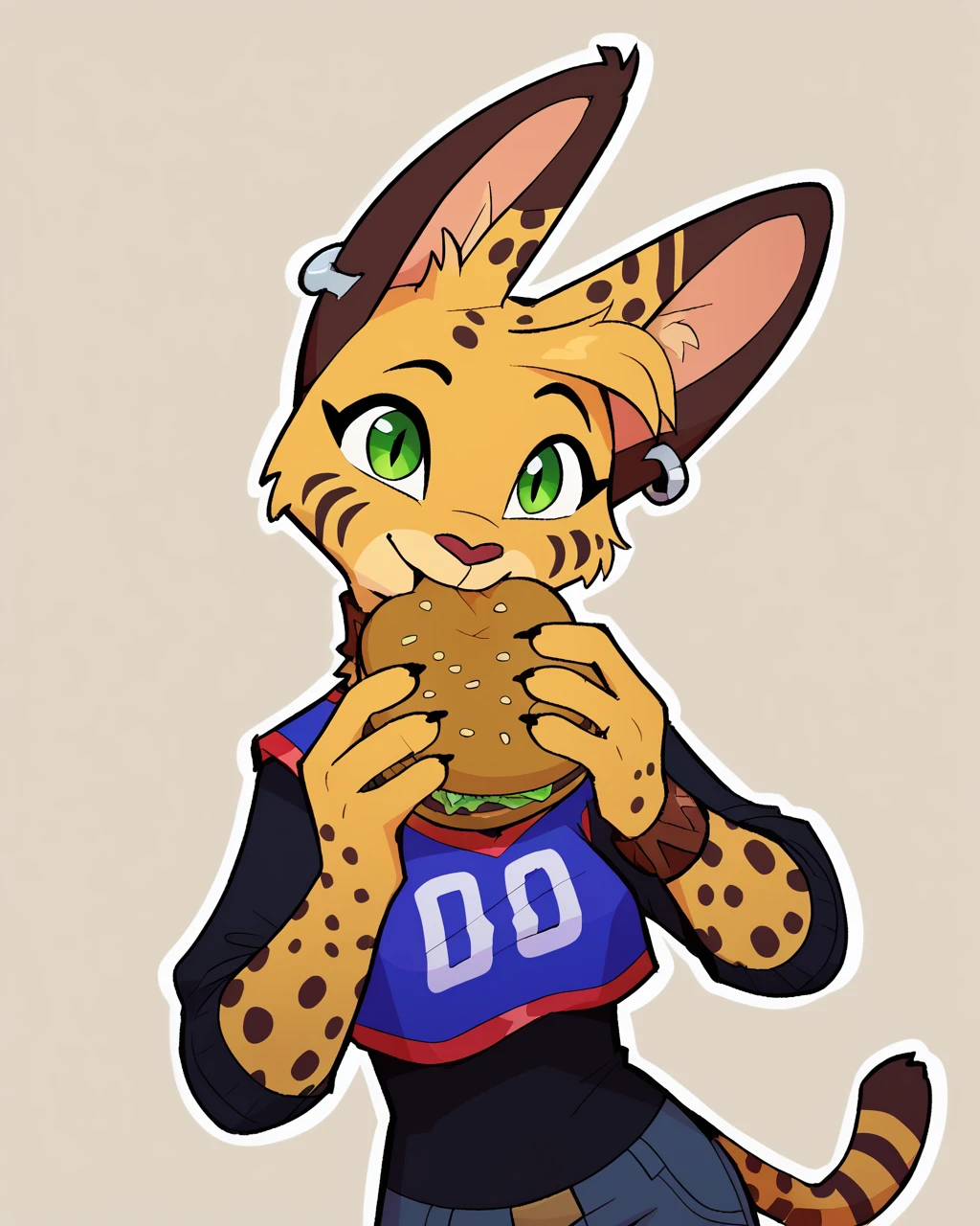 score_9_up, score_8_up, score_7_up, score_6_up, by remanedur, half-length portrait, medium breasts, brown choker, serval, green eyes, female, tail, 4 fingers, ear piercing, brown bracelet, bracelet, collar, denim bottomwear, denim jeans, ripped jeans, brown ears, brown spots, facial markings, jersey, tail, solo, jermaWhopper, eating, burger, happy, three-quarter view, head tilt, simple background, white outline, <lora:Leah_Pines(AIM)_XL_v1:0.15> <lora:PDXL_artist_tags_v2_big:0.5> <lora:The-Minuscule-Task_PDXL_v1.0:0.6> <lora:Pepper_Paminta_Ruffu:0.65> <lora:jermawhopper-pdxl-nvwls-v1:1>