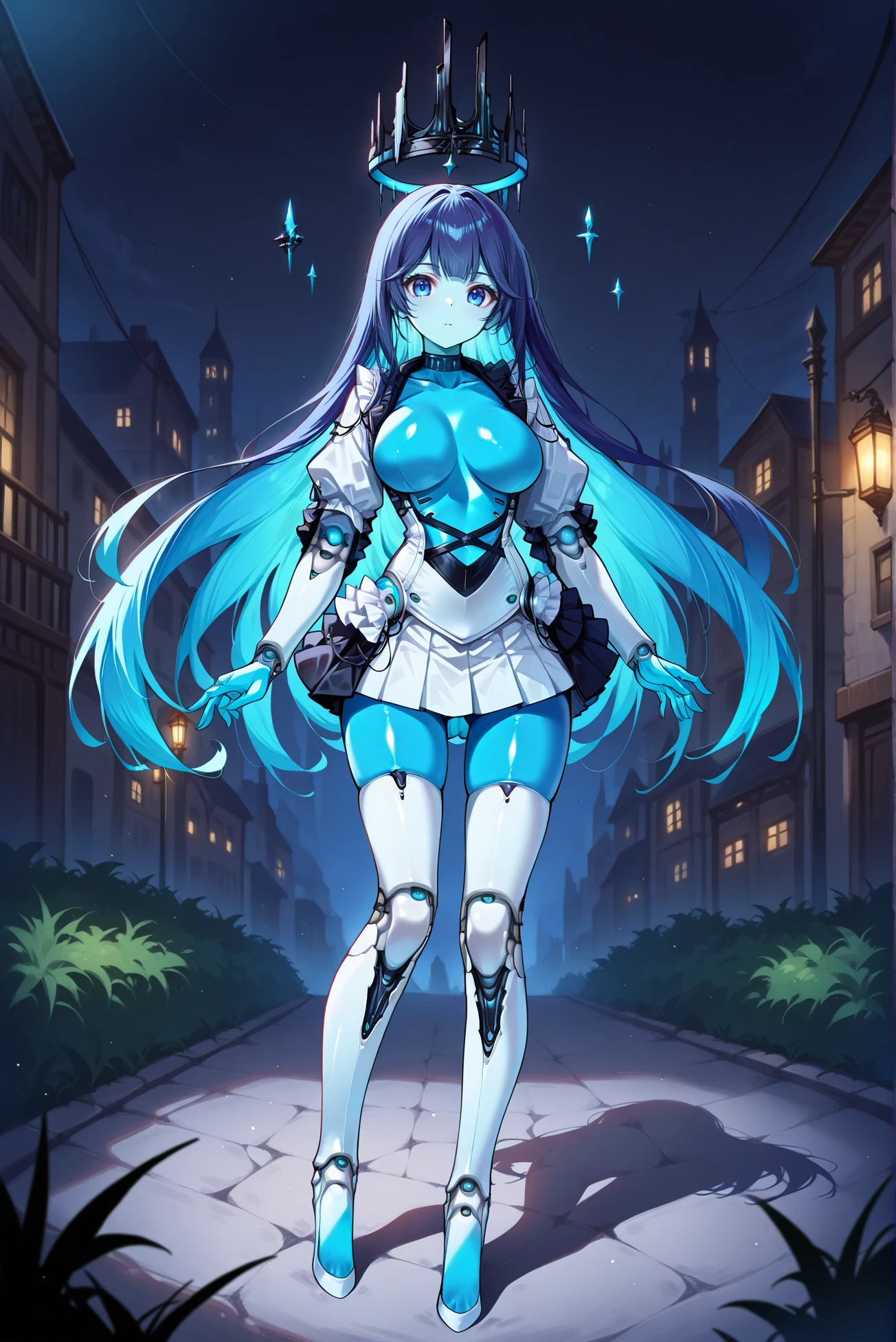 1girl,solo,full body,standing,(blue hair:1.2),long hair,twin braids,ahoge,(blue eyes:1.2),(beautiful fingers:1.2),(perfect anatomy:1.4),(arms_behind_back:1.4),(cold_shoulder:1.4),(pastel blue leather lace glossy silk lamé leotard:1.6),(latex luster shiny glossy metallic:1.4),(shiny_clothes:1.4),small breasts,masterpiece,best quality,(Ultra high definition eyes:1.2),8k,(Beautiful detailed eyes:1.2),(Fine and beautiful eyes:1.2),(pretty eyes:1.2),finely detail,extremely CG, absurdres,high resolution,illustration,Detailed and beautiful outlines,finely detail,high resolution,(colorful refraction:1.4,Increase saturation:1.2),beautiful lighting,dynamic lighting,closed room,black background,simple background, smile,looking at viewer,white dress, neck ribbon, black ribbon, brown cape,(white Clear PVC sheets sleeves:1.4),(sheer sleeves:1.4),(see-through sleeves:1.4),(wide sleeves:1.2),(pastel blue thigh boots:1.2)